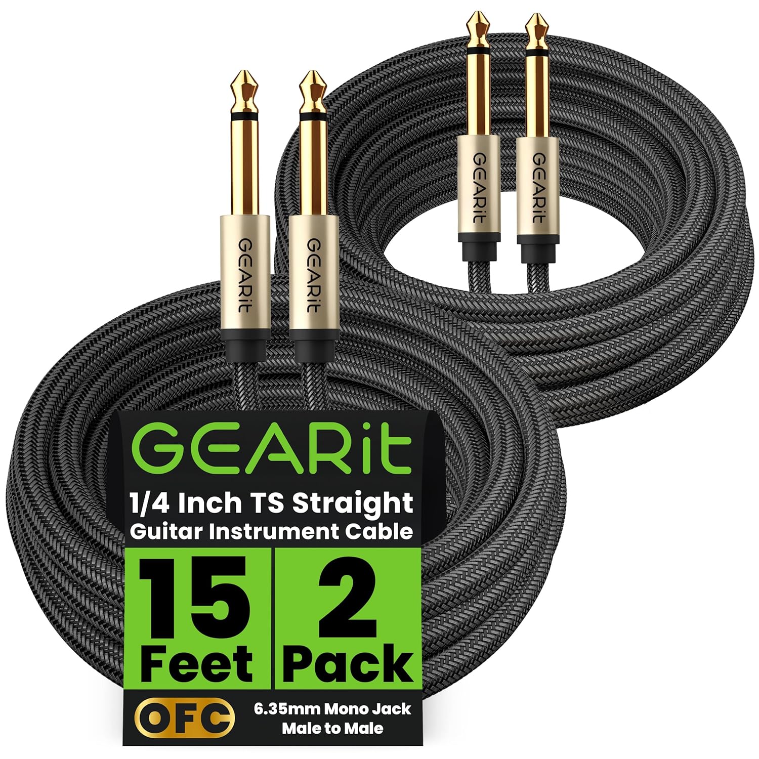 Gearit Guitar Instrument Cable 15ft 2-Pack 1/4 Inch TS Straight Male to Male Mono Jack with Alloy Connector Nylon Braid