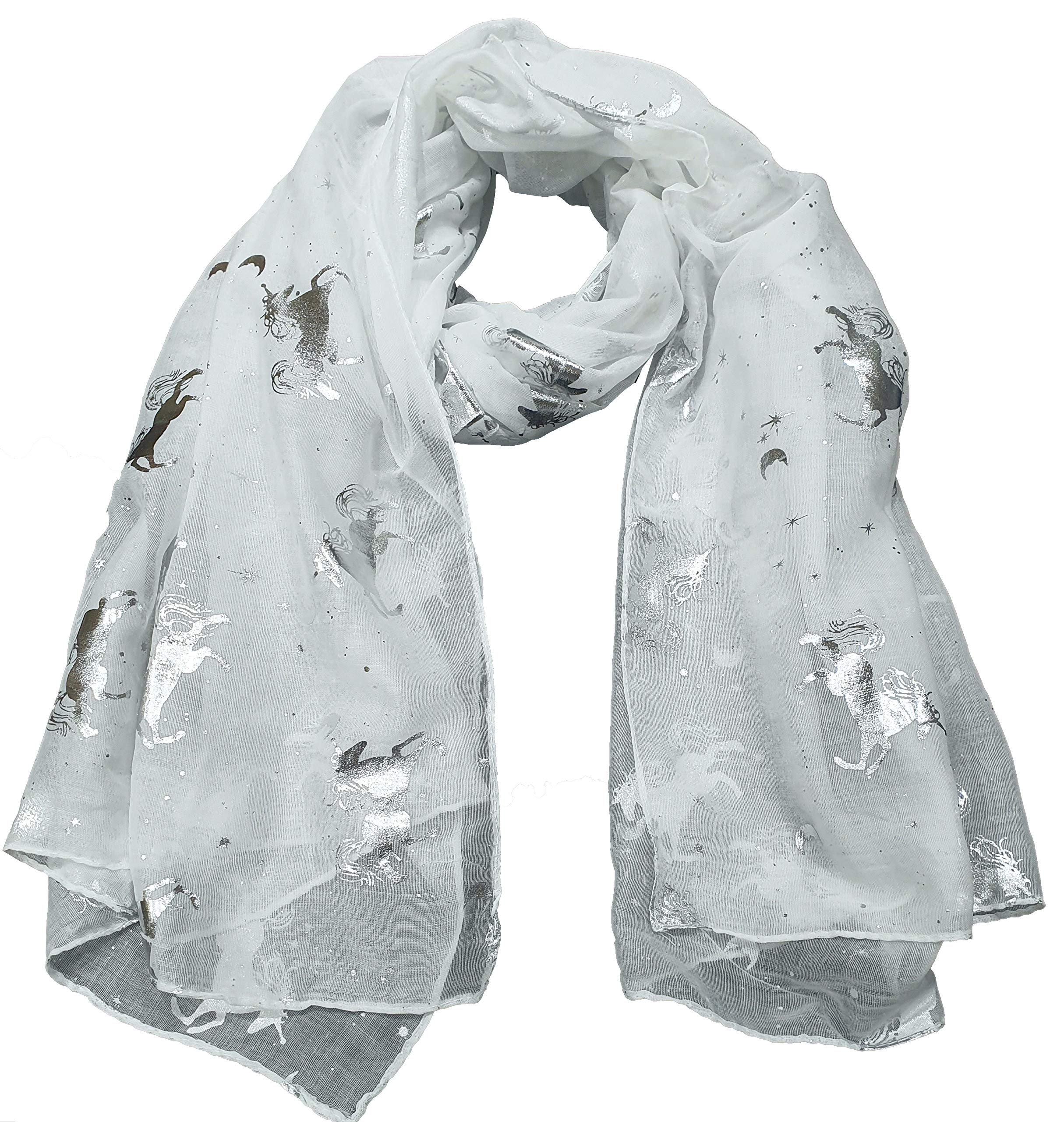 World Of Shawls Women's White New Celebrity Style Design Glitter Unicorn Scarf Wraps Shawl Soft Scarves (White)