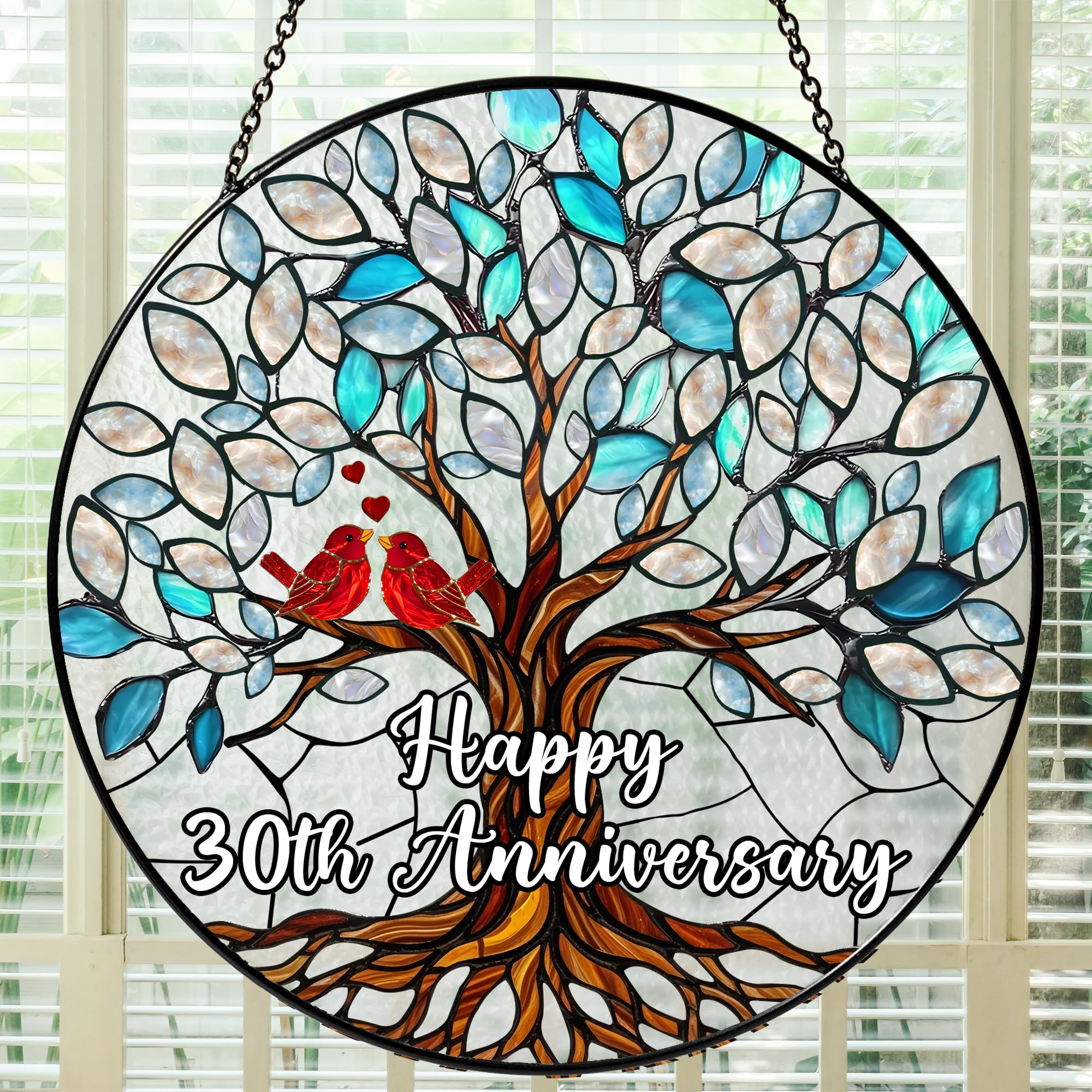 Bozspacer 30th Wedding Anniversary Suncatcher – Pearl for Couple or Parents, Tree of Life Stained Glass Window Hanging, Romantic Home Decor