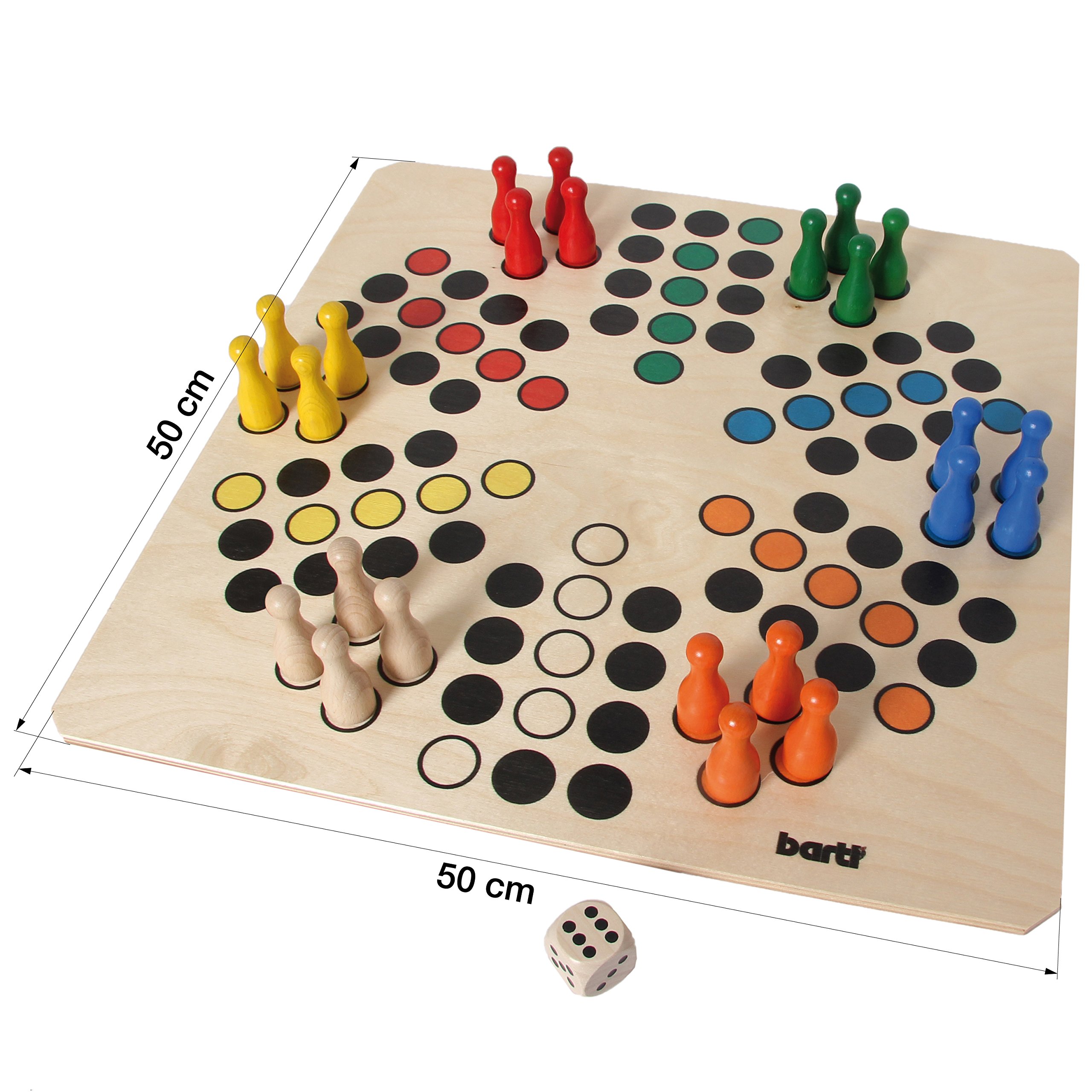 Bartl 108412 Brettspiel Ludo für 6 Personen groß aus Holz XXL Format 50cm x 50cm