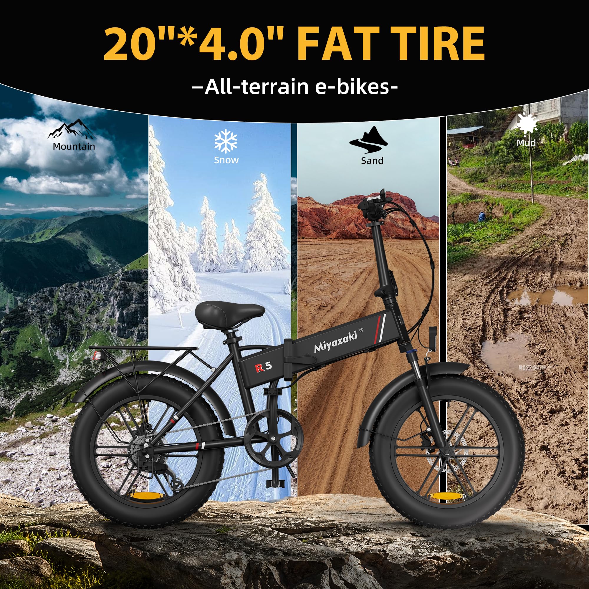 Miyazaki Bicicleta eléctrica Plegable para Adultos R5 90NM, con Cuadro de aleación de Aluminio Ligero, Motor sin escobillas, batería extraíble, Equipada con neumáticos Anchos de 20“×4.0” y Pedales.