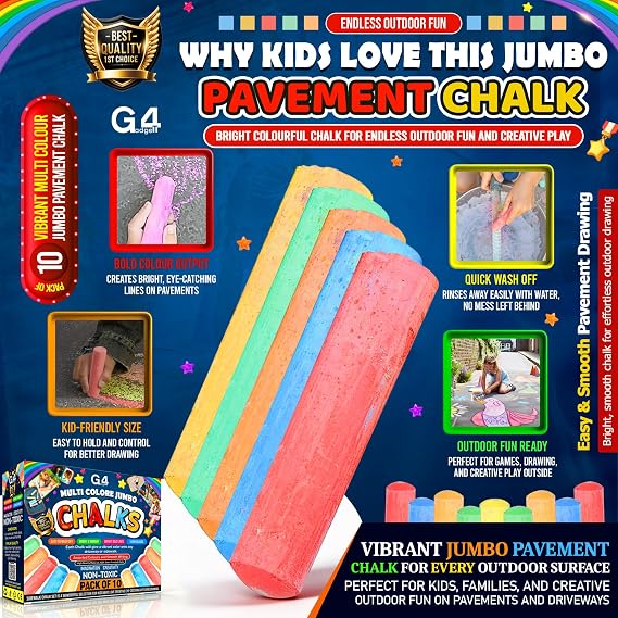 G4GADGET 10 Jumbo Chalks for Kids – Giant Chunky Outdoor Pavement Chalk – Washable Colourful Playground Sidewalk Chalks – Garden Summer Toys for Children Aged 3+