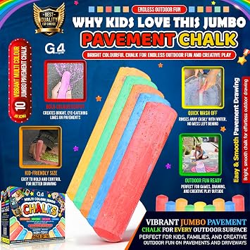 G4GADGET 10 Jumbo Chalks for Kids – Giant Chunky Outdoor Pavement Chalk – Washable Colourful Playground Sidewalk Chalks – Garden Summer Toys for Children Aged 3+