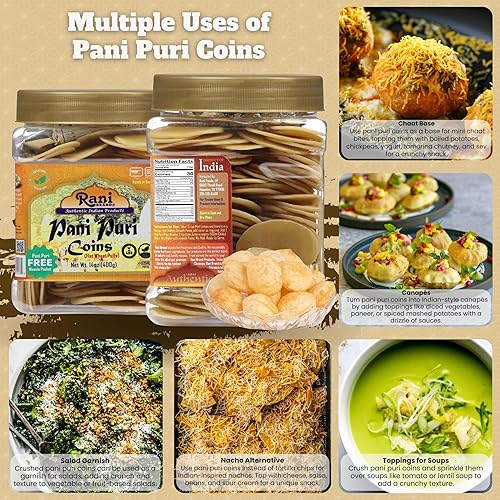 Miniatura 3 de Rani Pani Puri Monedas (monedas de sémola de trigo sin cocer, aptas para microondas) 14 onzas (14.11 oz) con Pani Puri Masala (mezcla de 14 especias