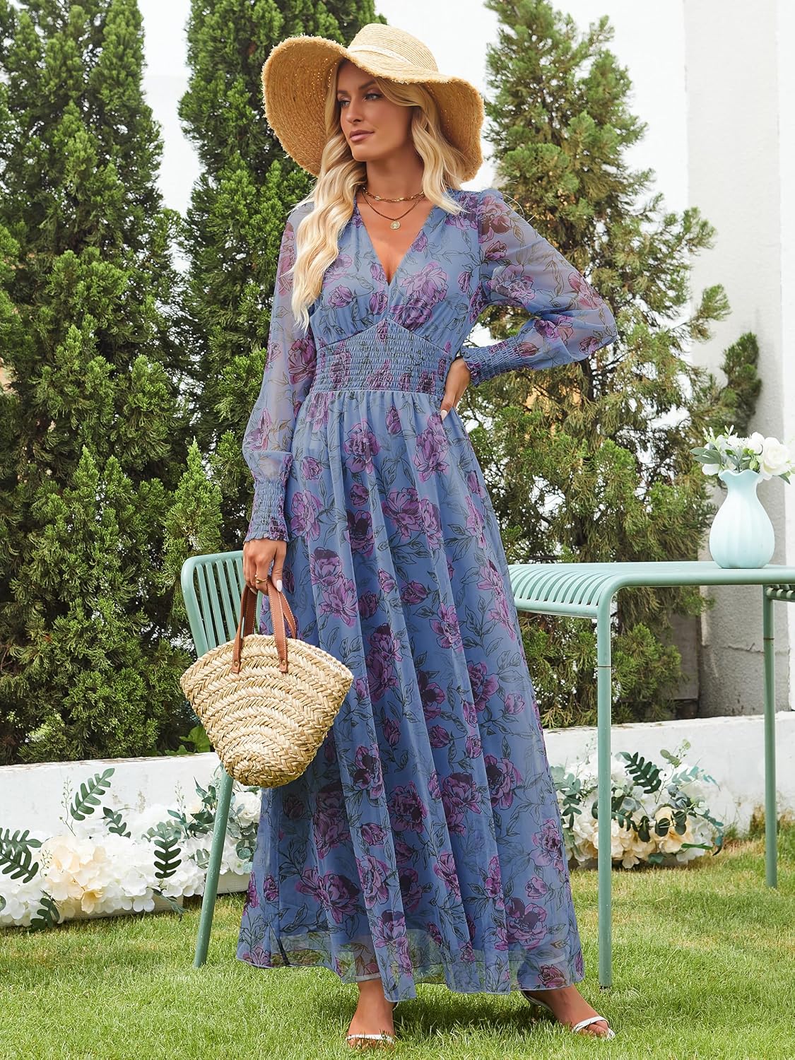 ANRABESS Women's Floral Maxi Dress 2025 Fall V Neck Puff Long Sleeve Flowy Casual Wedding Guest Tea Party Tulle Dresses - Image 2