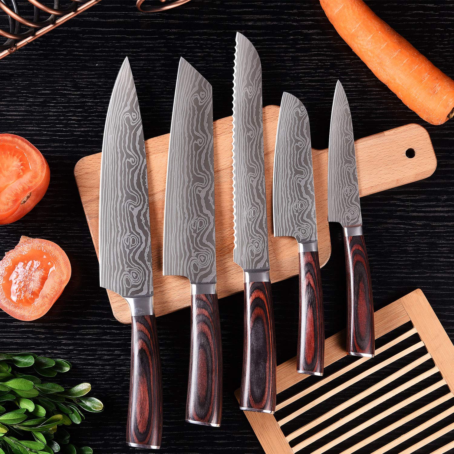 Juego de 5 cuchillos de cocina profesionales de acero inoxidable japonés de alto carbono ultra afilados con vainas, mango ergonómico, cortador multifuncional y cuchillos en caja de regalo, plateado