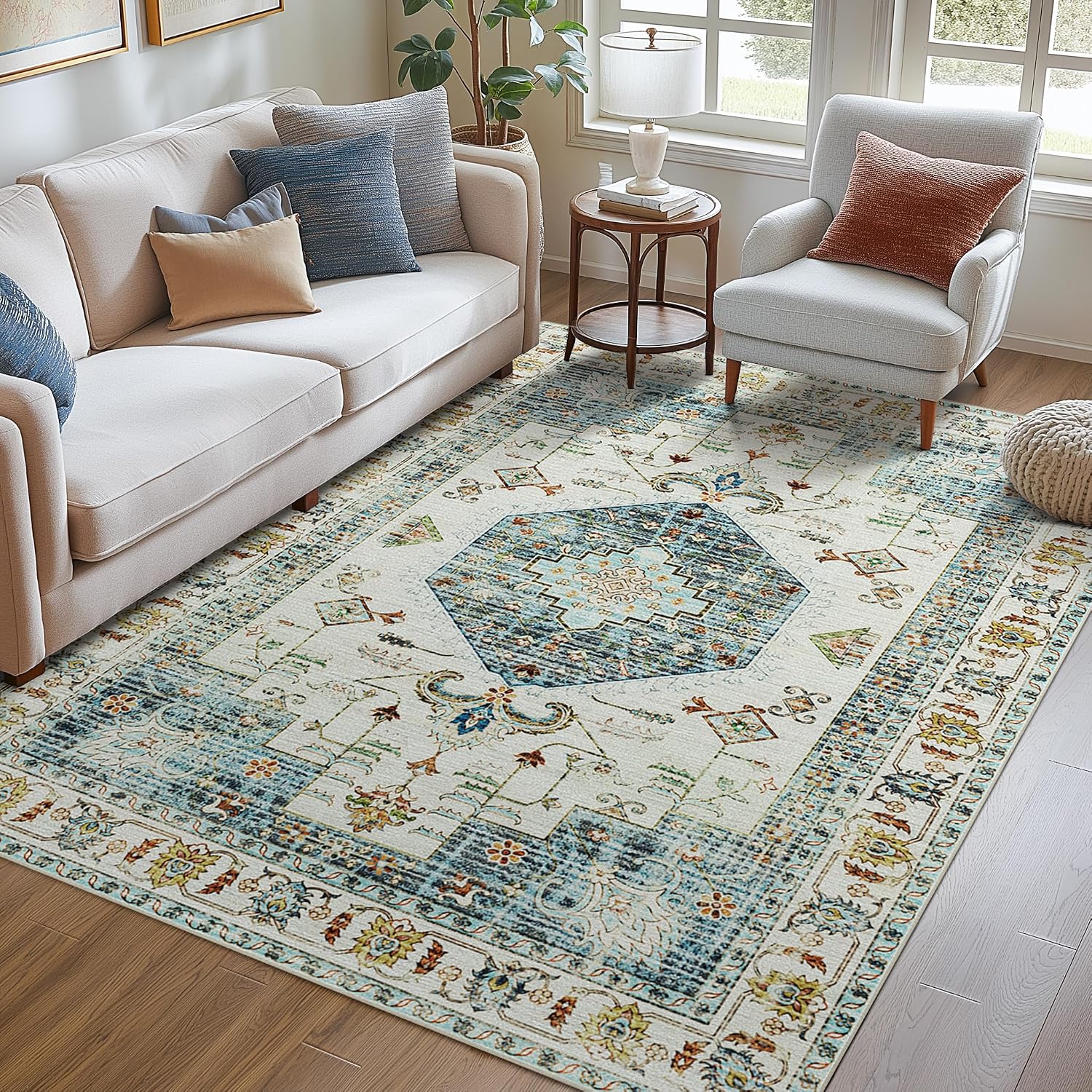 5x7 Boho Low Pile Area Rug & Carpet for Living Room, Bedroom, Entryway ...