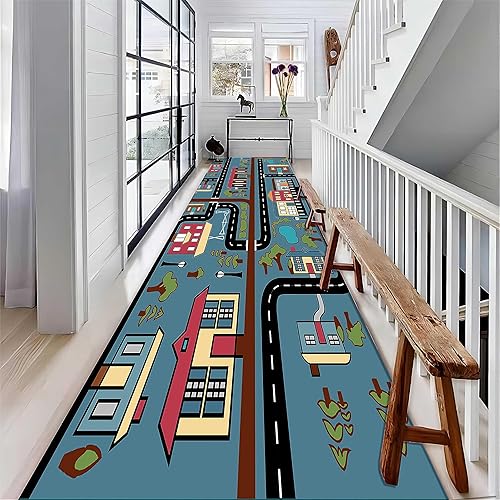 Miniatura 2 de Alfombra de pasillo con vista a la ciudad, 1.3 x 7 pies, mapa de tráfico de la ciudad de dibujos animados, casas, carreteras, pistas de automóvil,