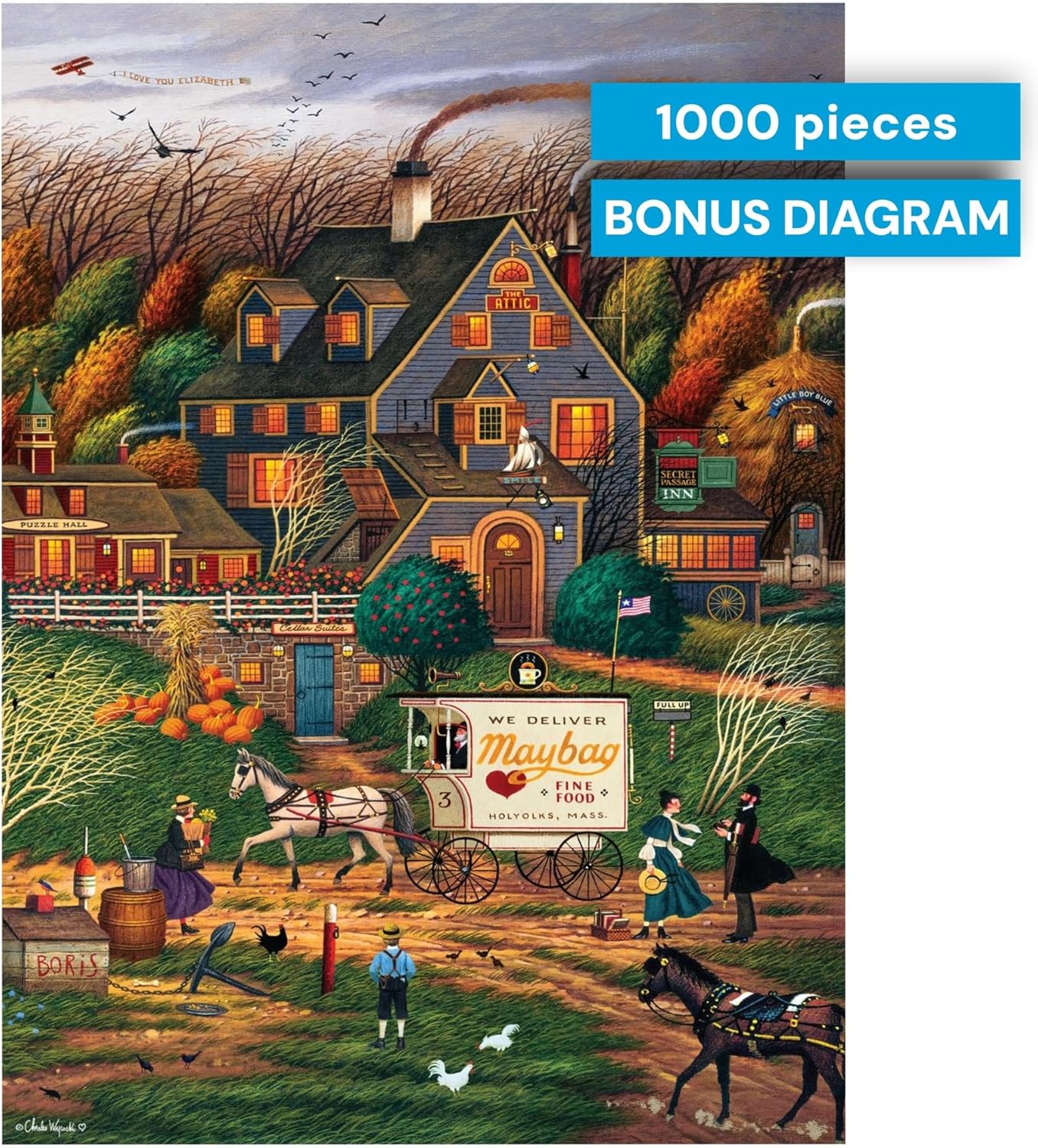 Buffalo Games Secret Passage Inn by Charles Wysocki 1000 Piece Jigsaw Puzzle for Adults Autumn Americana Scene with Reference Poster Made in The USA