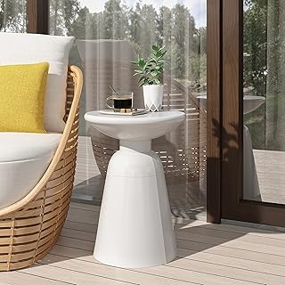 Merax Iron Patio Side Table 15"x21" Modern Art Design Weather Resistant End Table for Indoor Outdoor Patio Backyard Pool (White)
