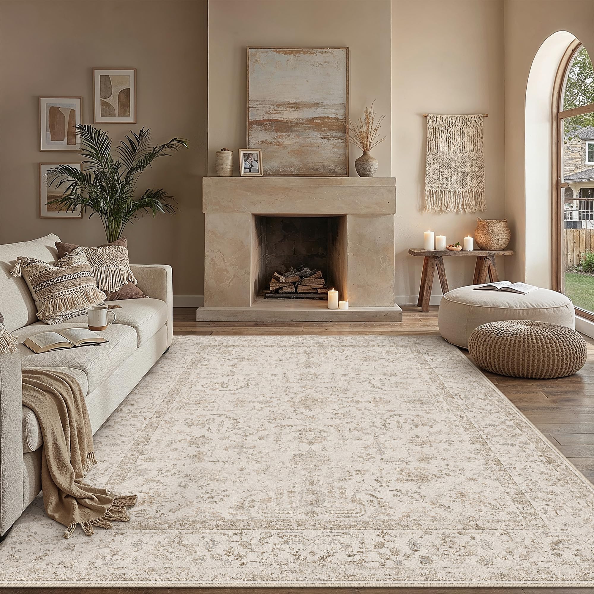 PureCozy Vintage Rugs Living Room Area Beige Rug 300x400cm Washable Large Bedroom Rugs Non Slip Soft Hall Lounge Dining Room Office Indoor Low Pile Carpet