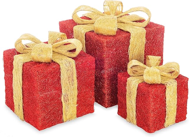 LIVIVO Christmas Gift Boxes Set of 3 Light Up LED Christmas Decoration Parcel Set with Decorative Bow Embellishment and Sparkly Glitter Finish (Red/Gold)