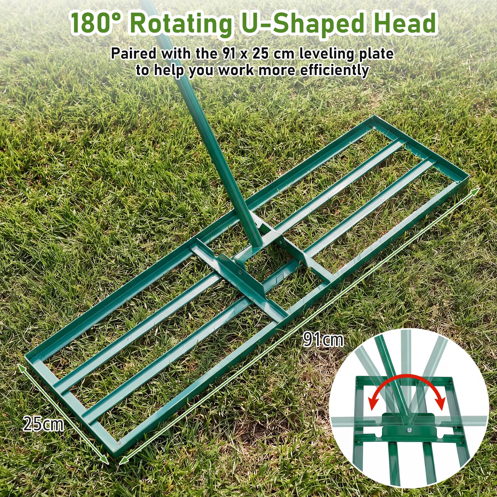 Rastrillo paisajístico de aluminio de 91 cm (36''), rastrillo de jardín de 91 cm (36 púas) con mango de 173 cm (68") y cabezal de doble cara, herramienta resistente para rastrillar arena y tierra,