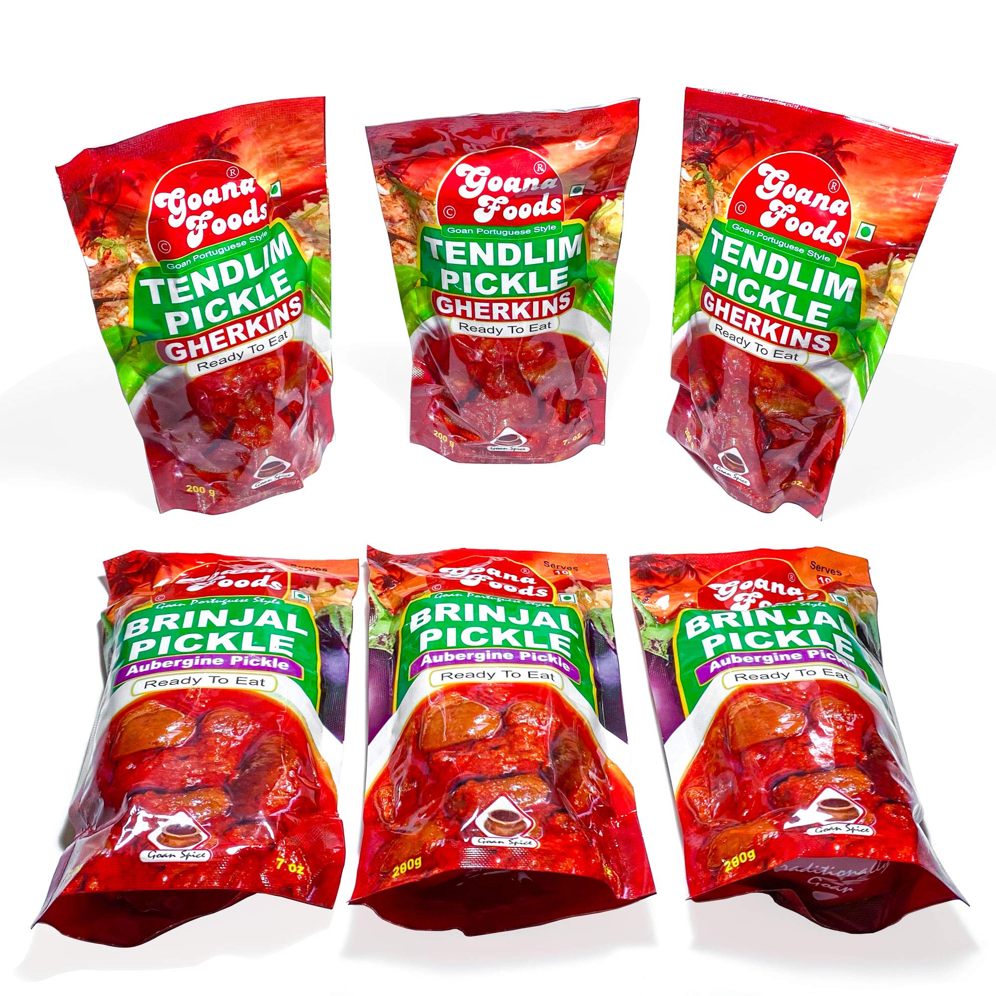 Ron Foods Goan Vegetable Pickle Combo of (3) Tendlim (7 oz) and (3) Brinjal(7 oz)