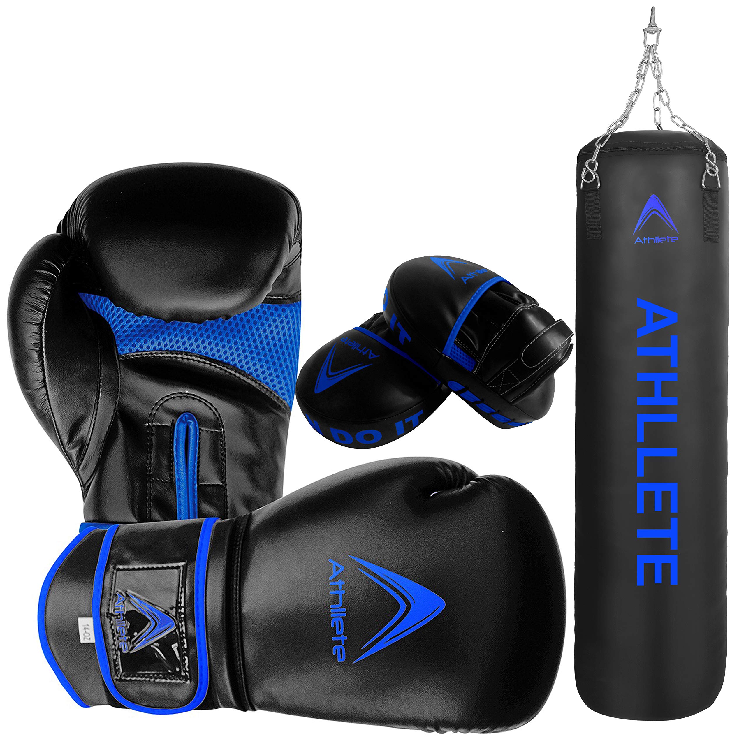 AthlletePack of 3 Boxing Training Set |Boxing Gloves, Punching Mitts and Heavy Punching Bag (Unfilled). Suitable for Boxing Kickboxing MMA Maui Thai with Hanging Chain Home Gym Workout