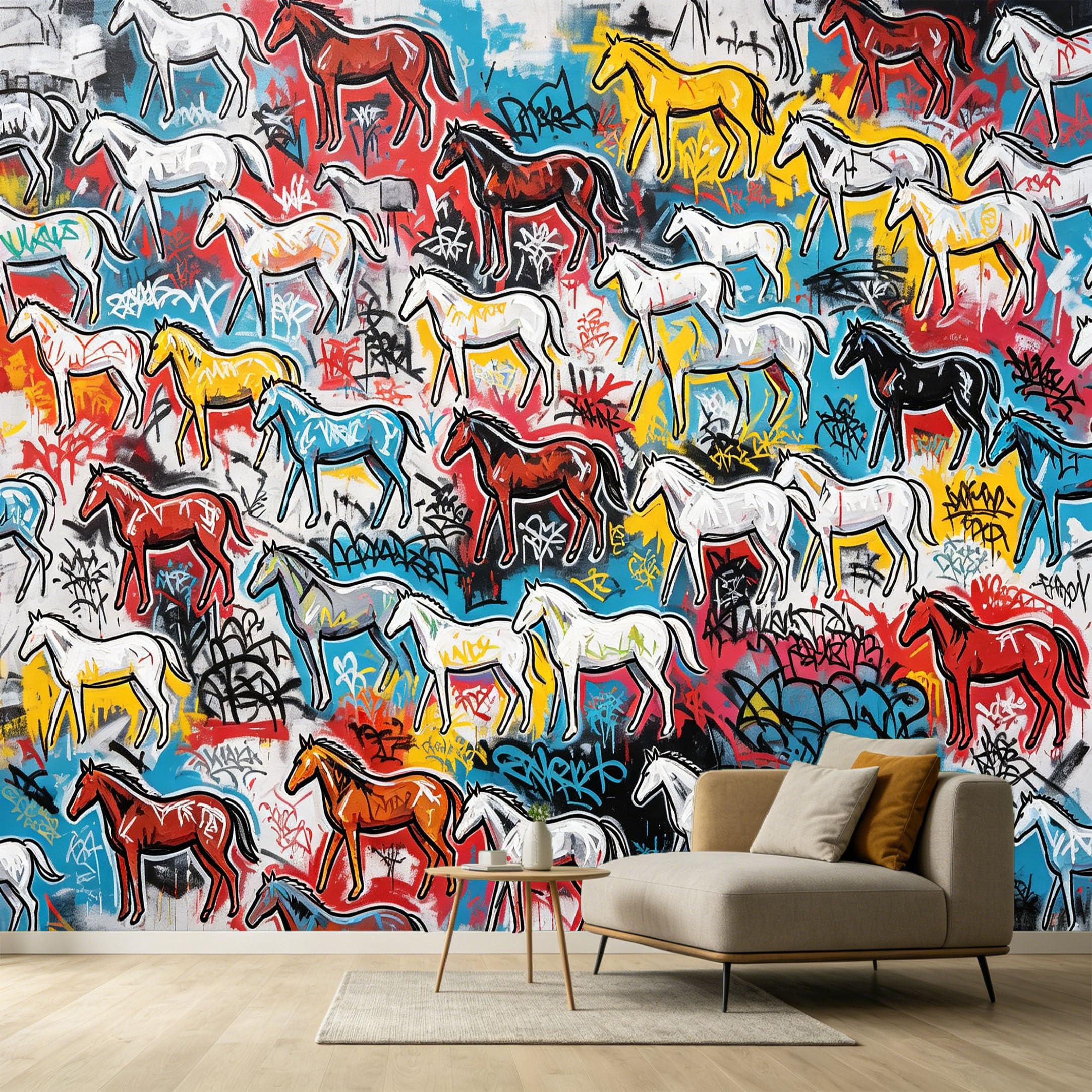 Custom Size Wall Murals Abstract Modern Graffiti Running Horses Colorful Vibrant Street Art SelfAdhesive Wall Fabric Removable Large Wallpaper for Living Room