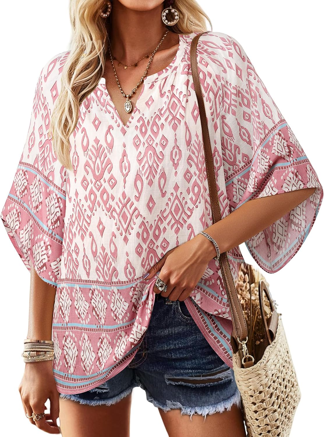 Bebonnie Womens 3/4 Sleeve V Neck Bohemian Peasant Blouses Casual Loose Fit Tunic Tops - Image 4