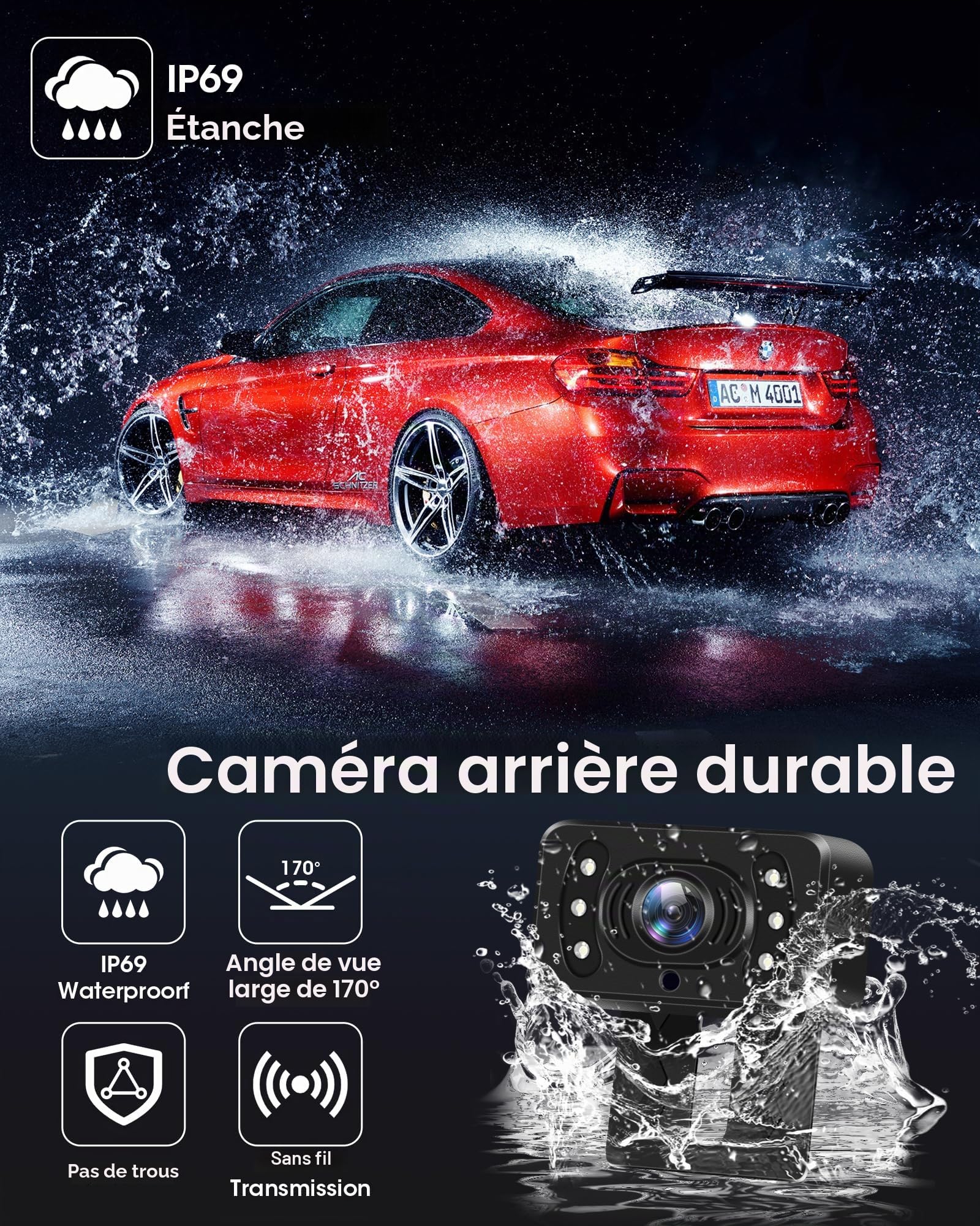Jansite AHD 1080P Camera de Recul sans Fil avec Moniteur 5'' Signal Stable