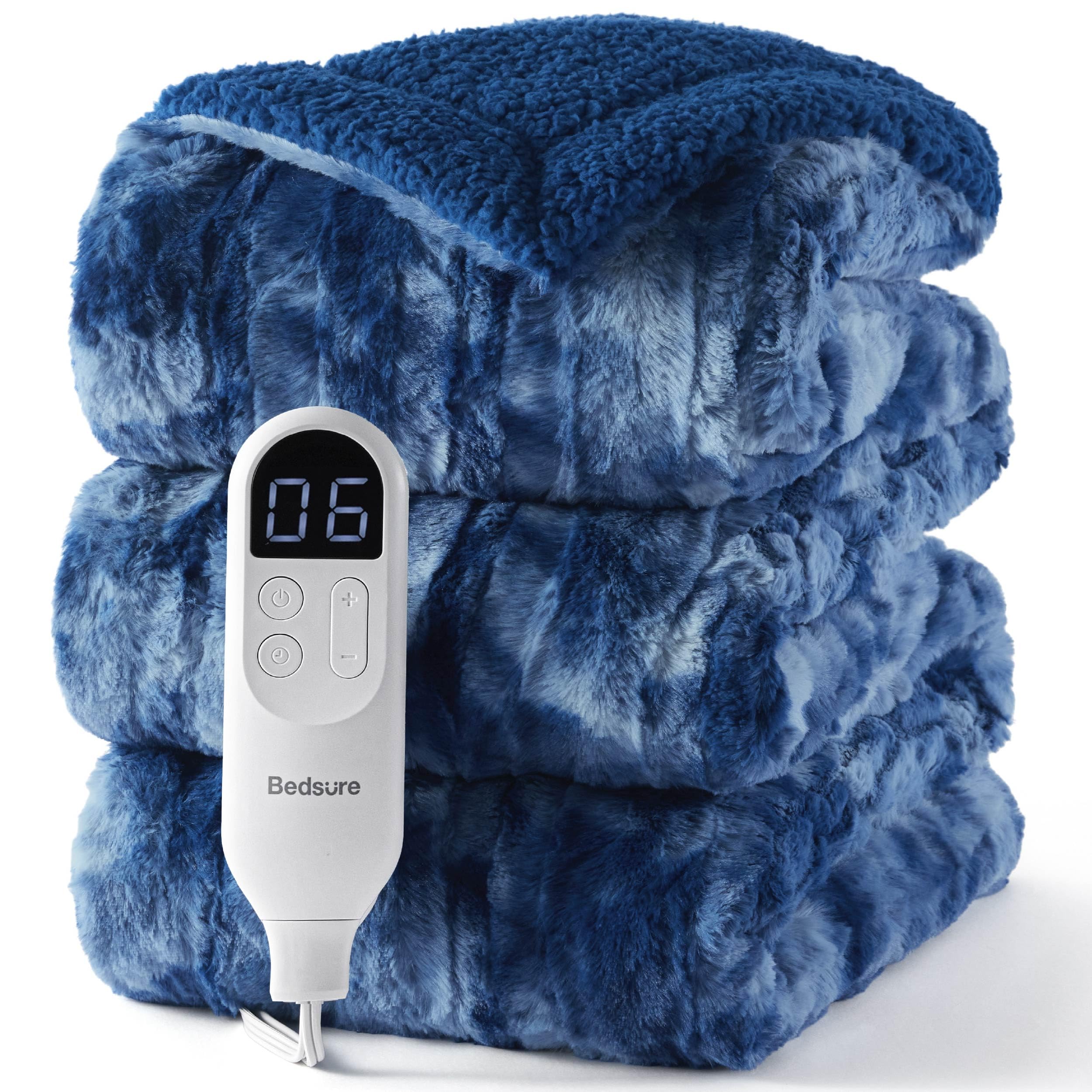 Bedsure Faux Fur Heated Blanket Twin Size, Fast Heating Electric Blanket Twin Size with 6 Heating Levels &amp; 10 Time Settings, Cozy Gifts for Women Men (62x84 inches, Denim Blue)
