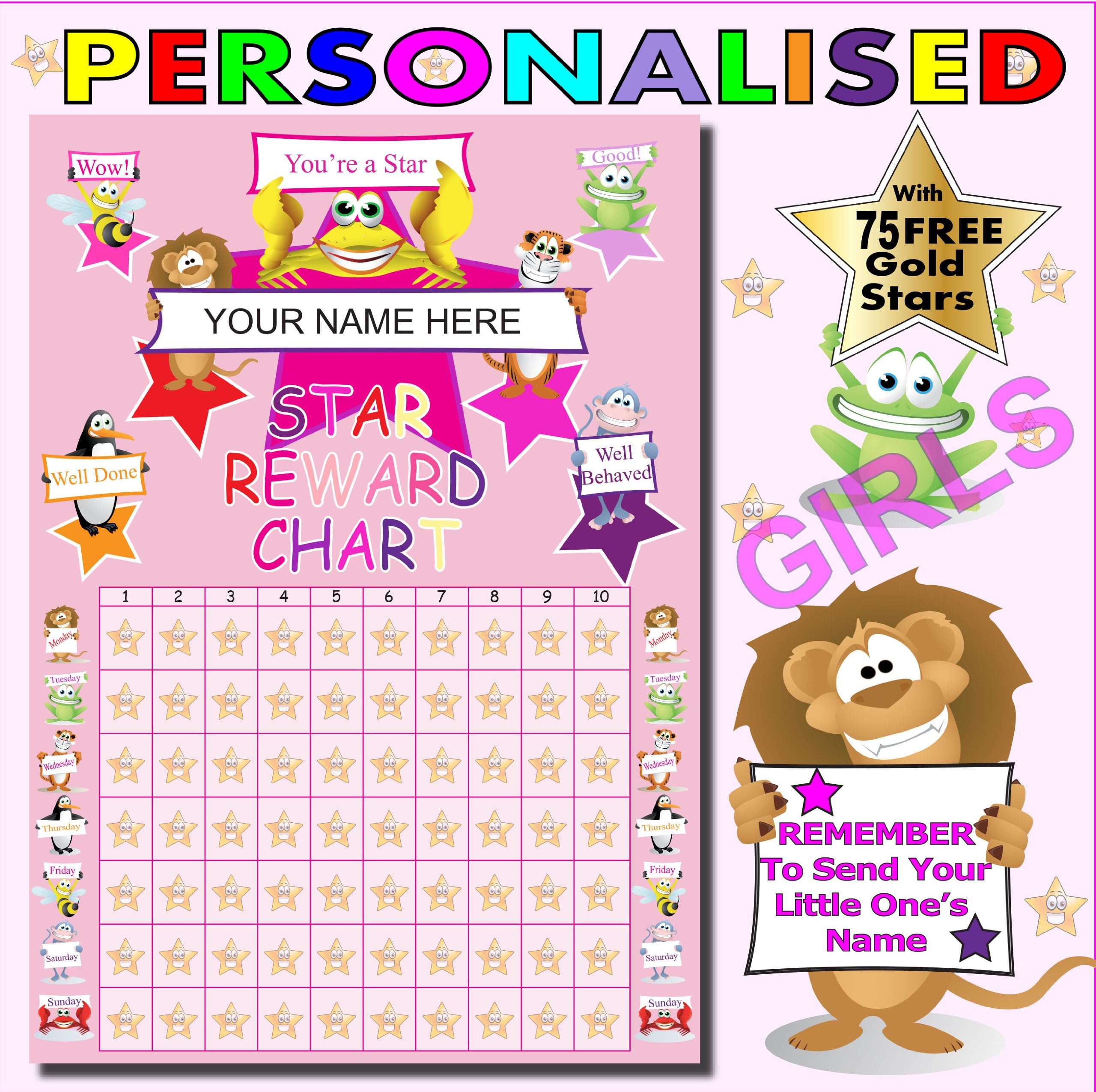 Childrens Reward Chart for Girls A4 Personalised with 75 Free Gold Metallic Stars
