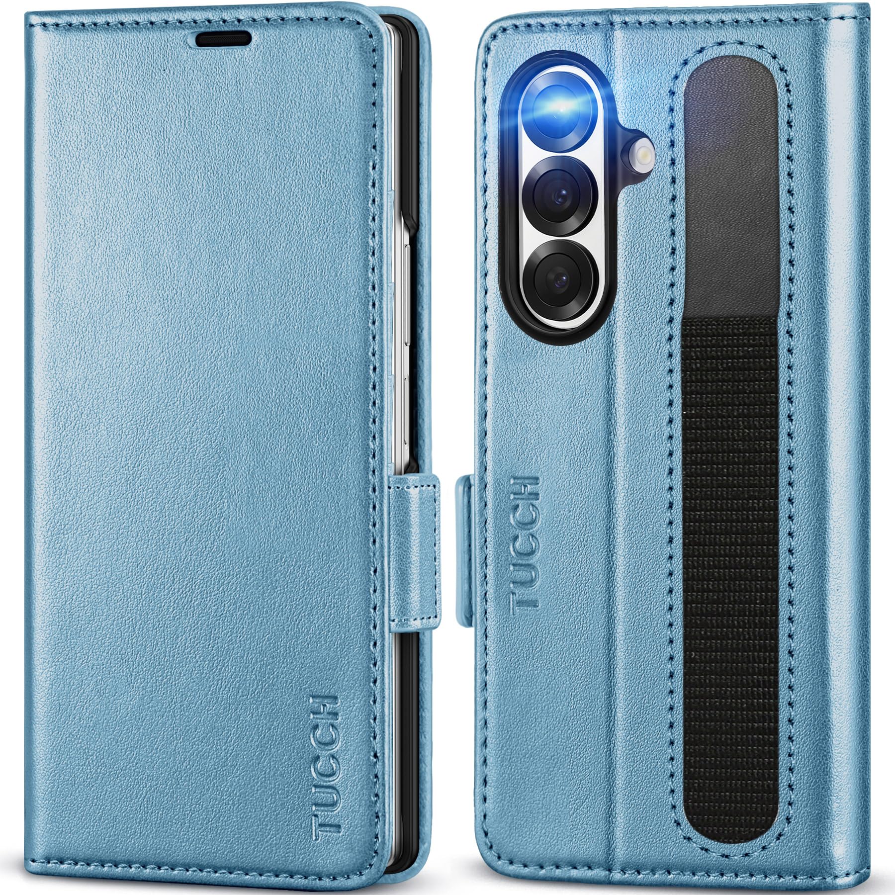TUCCH Wallet Case Compatible with Galaxy Z Fold7 (8.0") 2025 Pearly Light Blue, RFID Blocking | 4 Card Holder | Kickstand | Shockproof PC Shell | PU