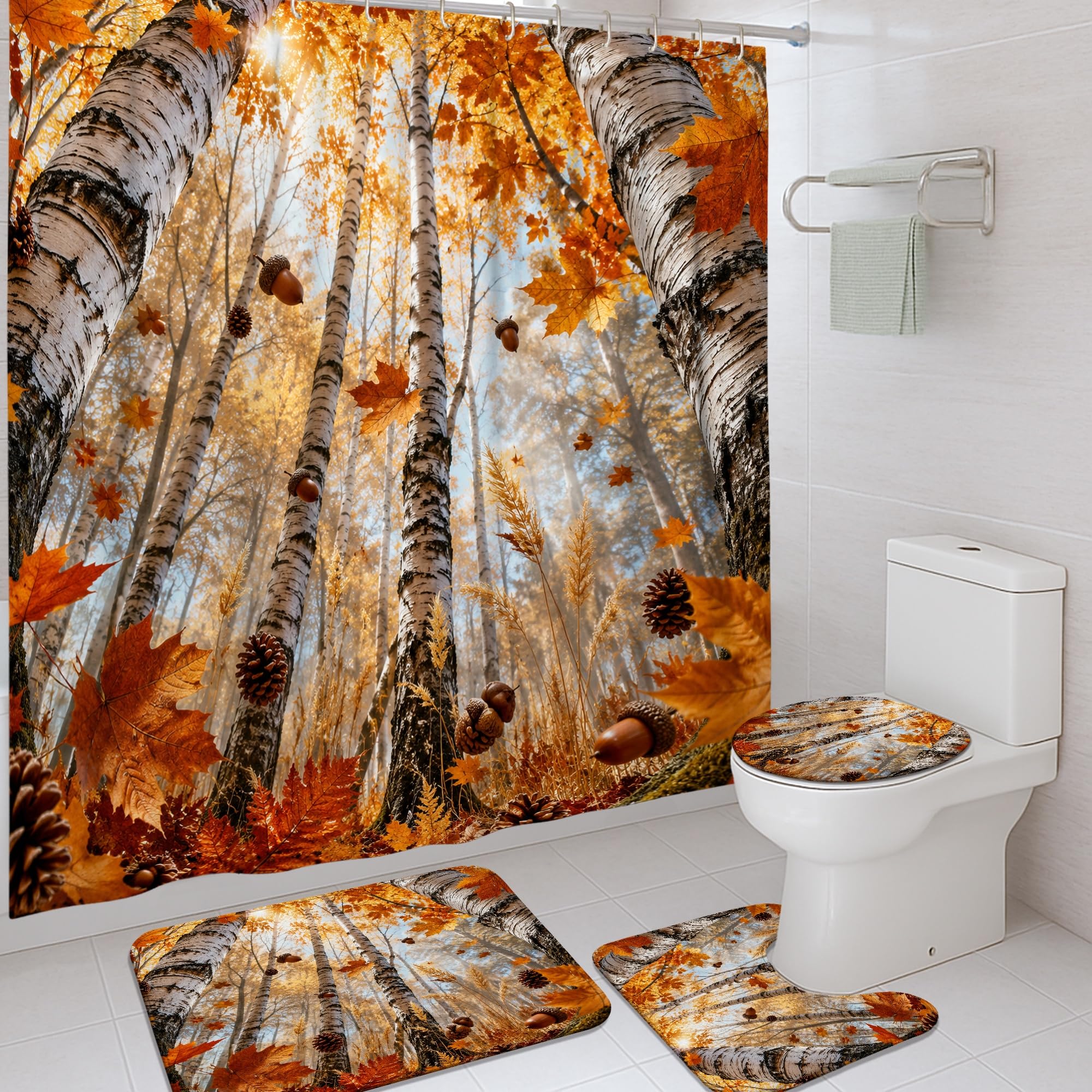 Rideau de douche feuilles d'automne rustiques et tapis pour maison