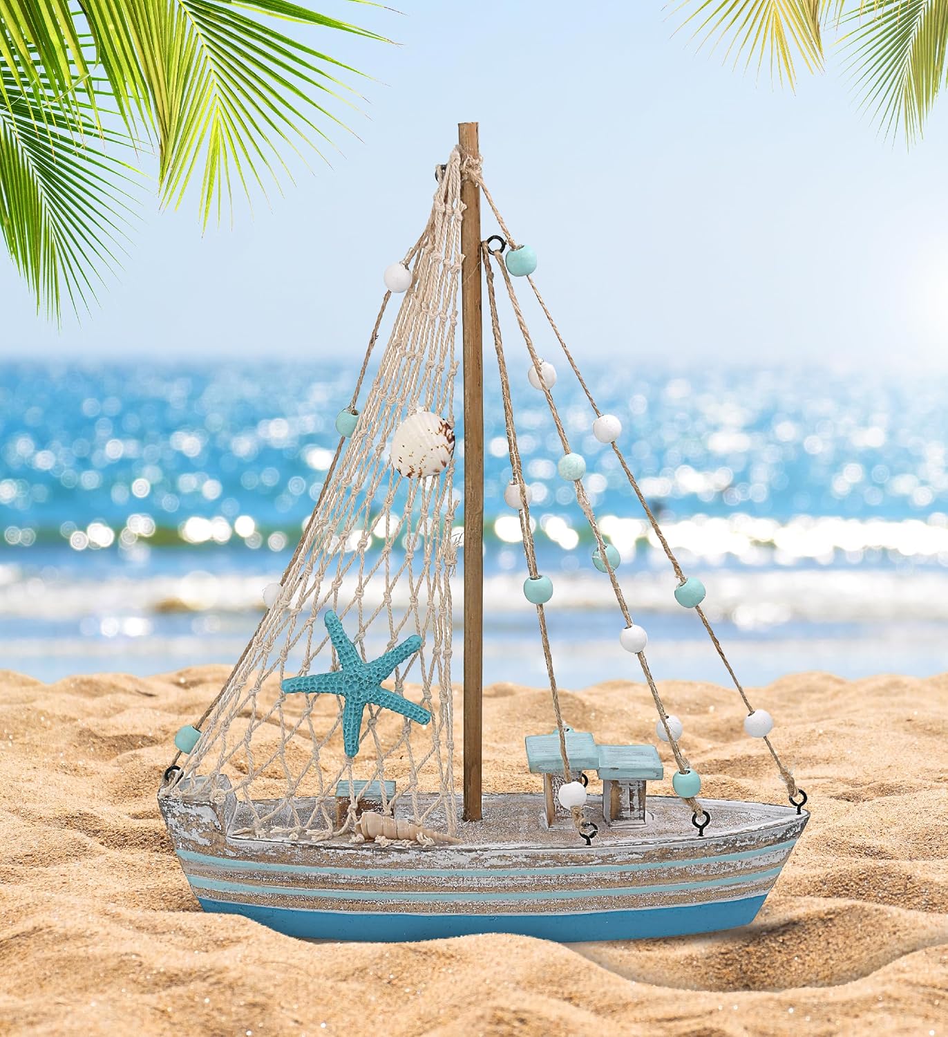 CoTa Global Ocean Breeze Sailboat Nautical Decor - Handmade Beach Themed Wooden Boat Home Decor for Living Room Shelves, Tabletop, Desk, Cute Nautical Party Decorations - 11.3 Inches