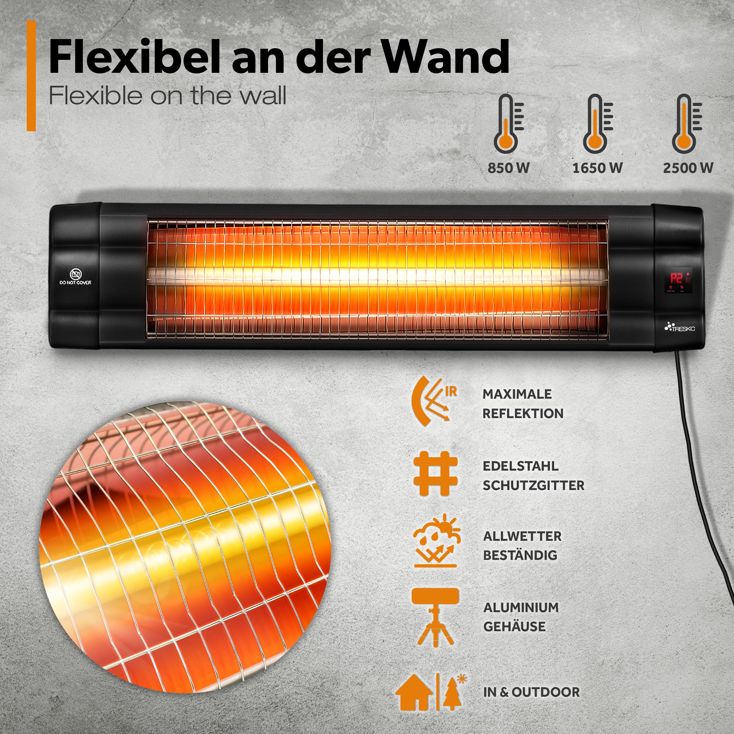 TRESKO Infrarot Heizstrahler 2500W mit Fernbedienung | Wärmestrahler elektrisch mit 3 Heizstufen | Terrassenstrahler Innen & Außen | Infrarotstrahler höhenverstellbar