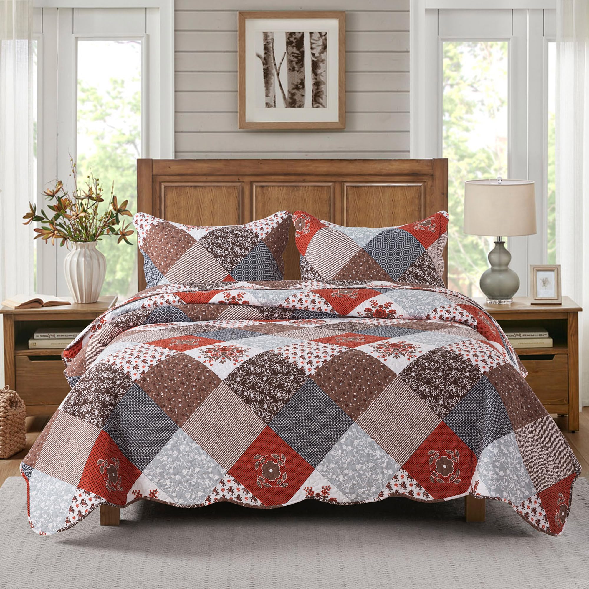 HoneiLife Quilt Set Queen Size - 3 Piece Microfiber Bedspread Reversible Coverlet Patchwork Bedding Set Lightweight Bedcover Floral Bedspreads All