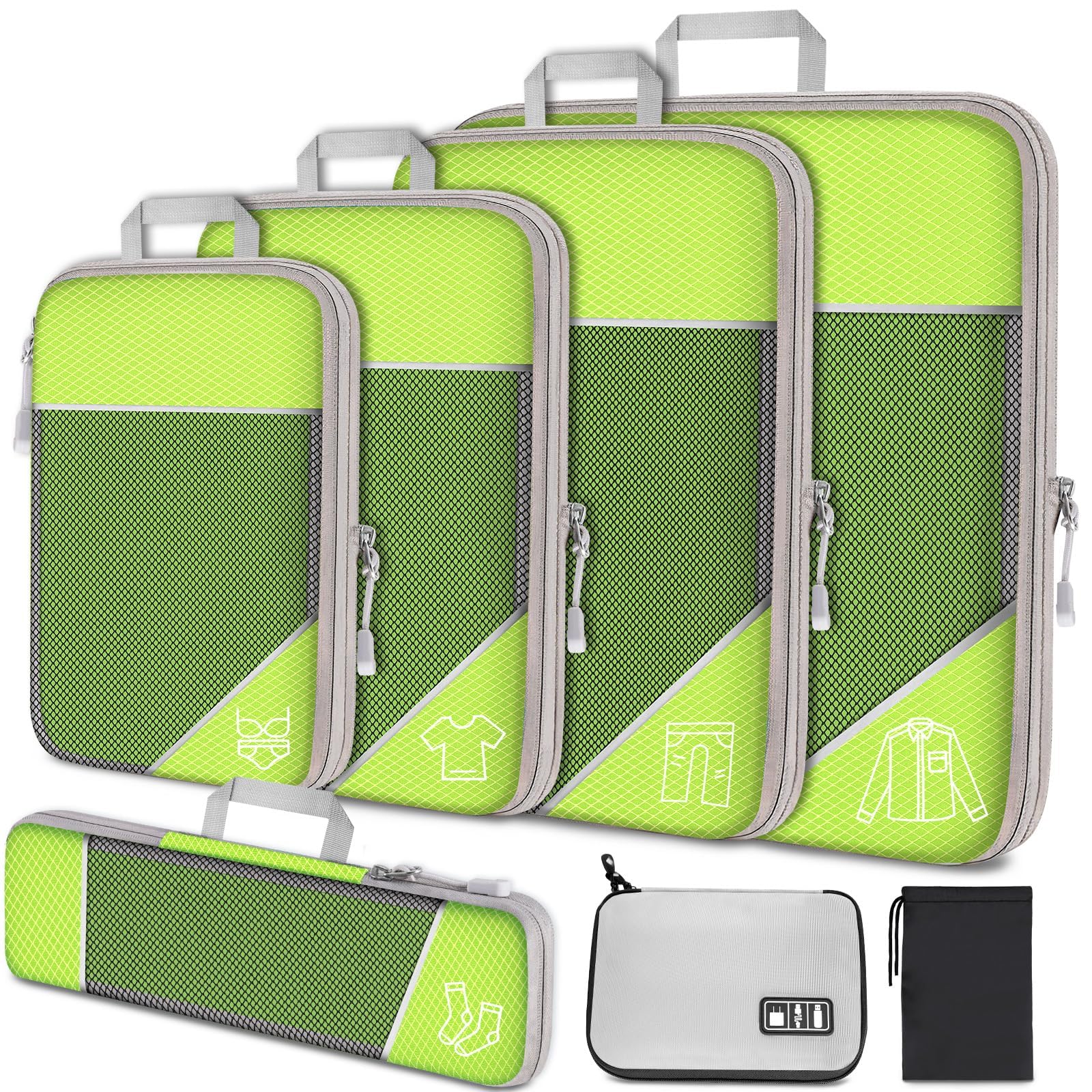 NiHome 7PCS Compression Packing Cube Set Expandable Mesh Travel Bag Luggage Organizers with Electronic Cable Cord Charger Organizer