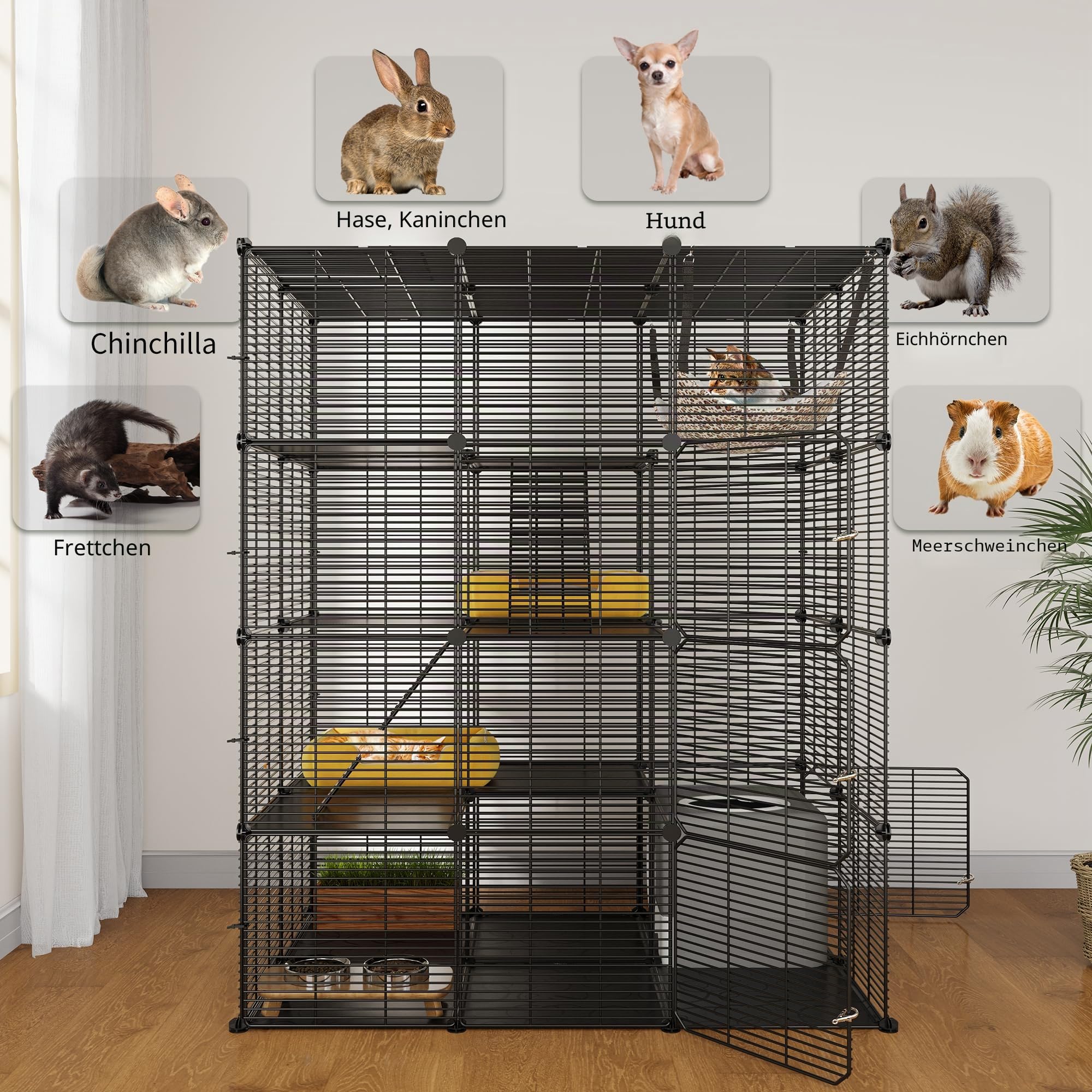 YITAHOME 4-stöckiger Großer Katzenkäfig mit Hängematte, 4 Türen, 3 Leitern, Katzengehege Catio-Metalldraht-dichte Zwinger für 1–3 Katzen, Abnehmbarer Laufstall für Kleintiere, 104 x 72 x 140 cm