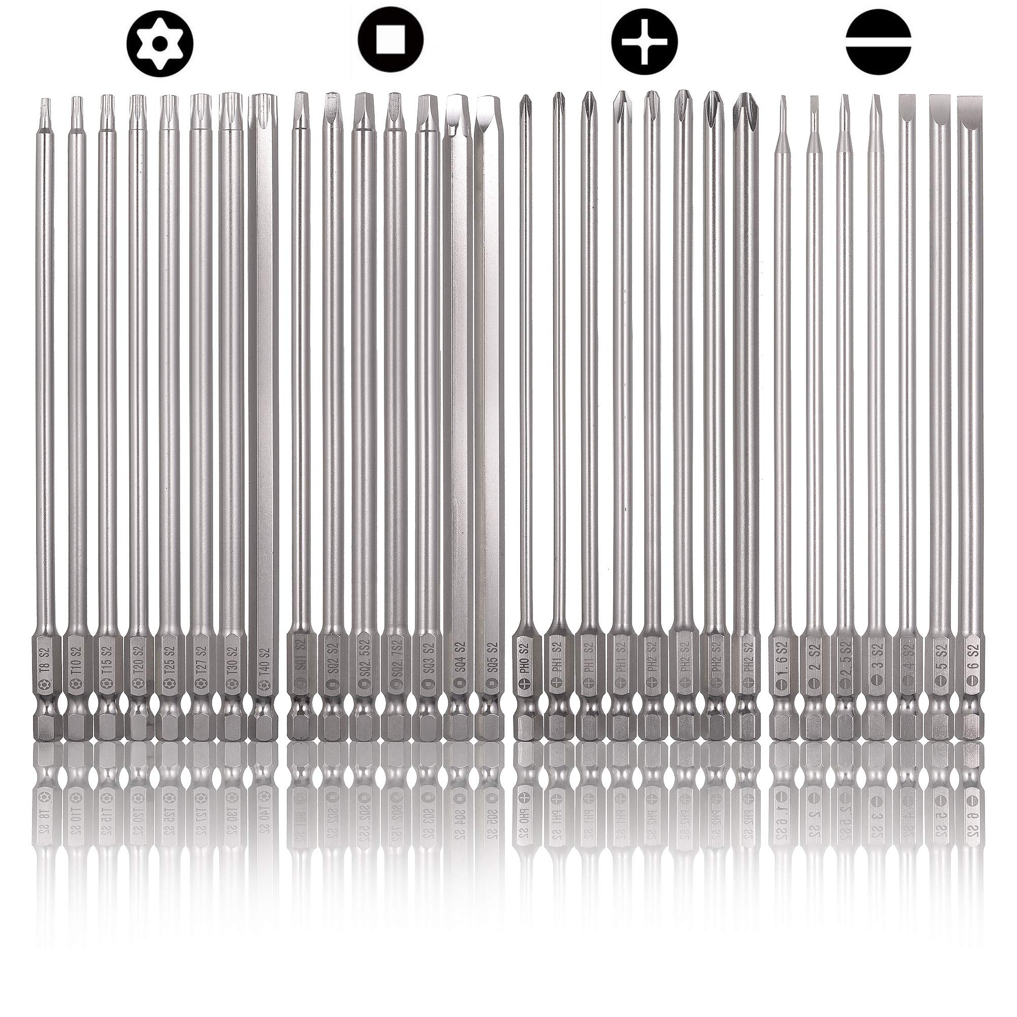 WENORA30 Pcs S2 Screwdriver Bit Set, 4 in Security Bit Set Extra Long Magnetic Screwdriver Kit with Zippered Bag(Slotted Cross Square Torx Bits)