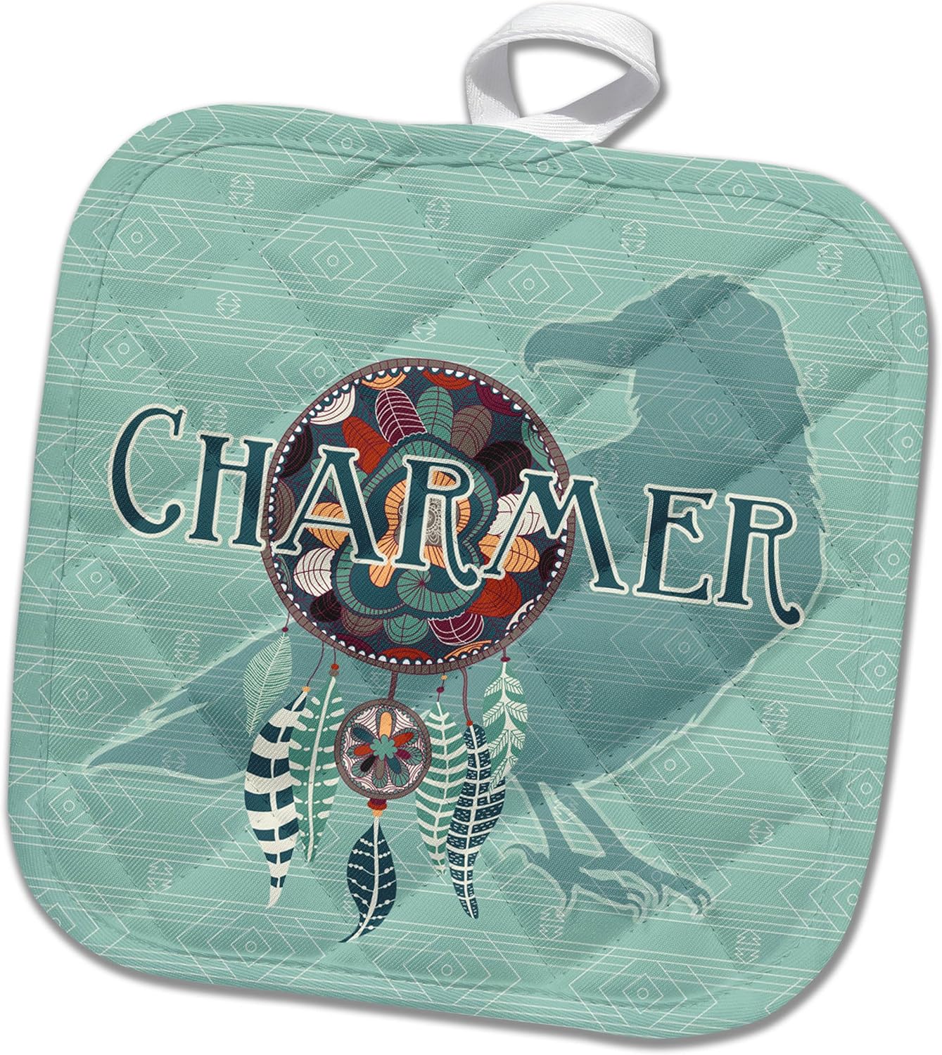3D Rose Raven Crow Native American Animal Spirit with Dream Catcher Charmer Pot Holder, 8 x 8
