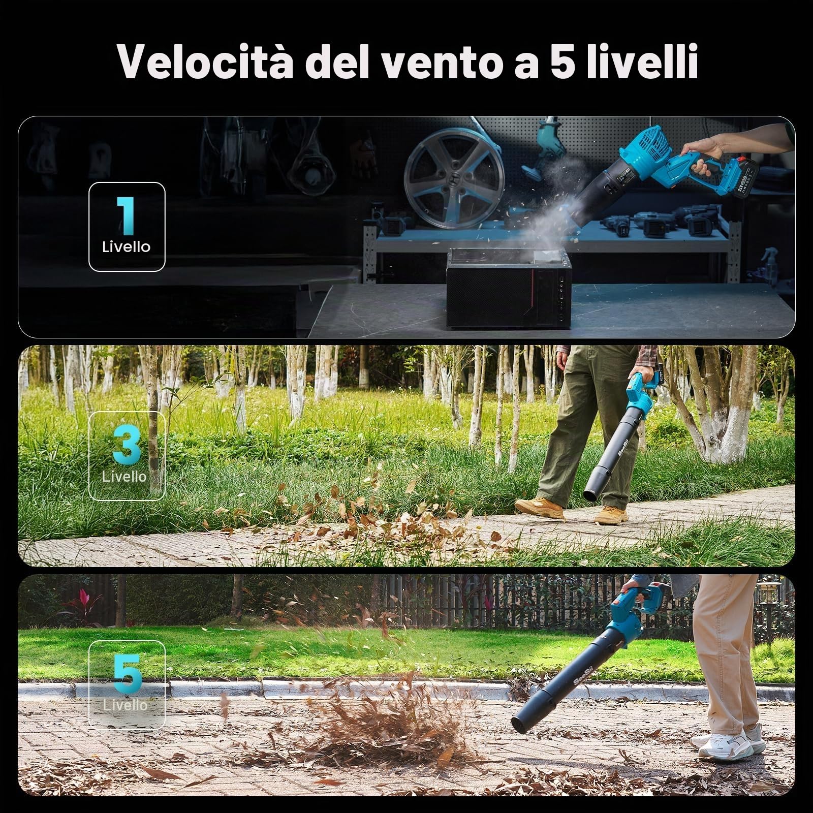 SEESII Soffiatore Elettrico Senza Filo con 2 Batterie 4.0Ah e Caricatore, 5 Velocità, Leggero e Potente per Giardino, Prato, Cortile, Pulizia Foglie
