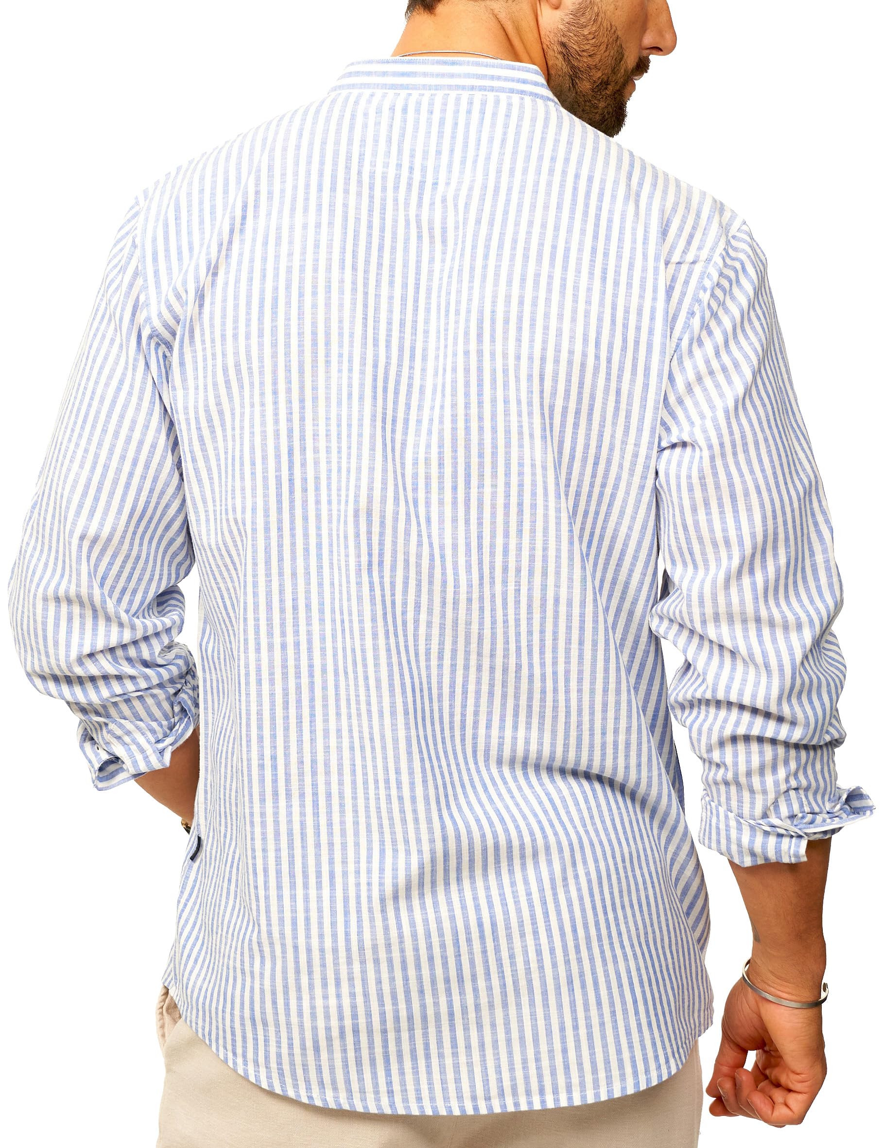 behype. Herren Leinenhemd als Langarmhemd Gestreift - Freizeithemd im Regular-Fit mit Stehkragen Sommerhemd - Strandhemd im Sommer-Look für Männer