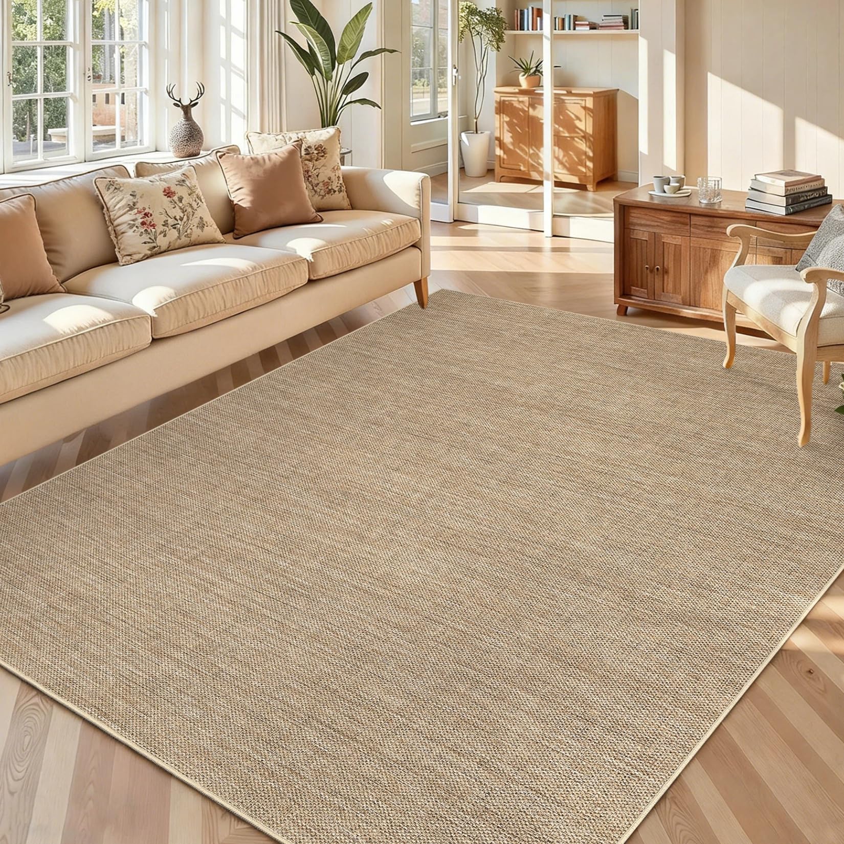 LuxFocus 200×290 cm Jute-Look Teppich Innen/Außen, einfarbiger moderner Teppich mit Rutschfester Unterseite, waschbarer flachfloriger neutraler Dekoteppich für Wohnzimmer, Schlafzimmer, Leinenfarbe
