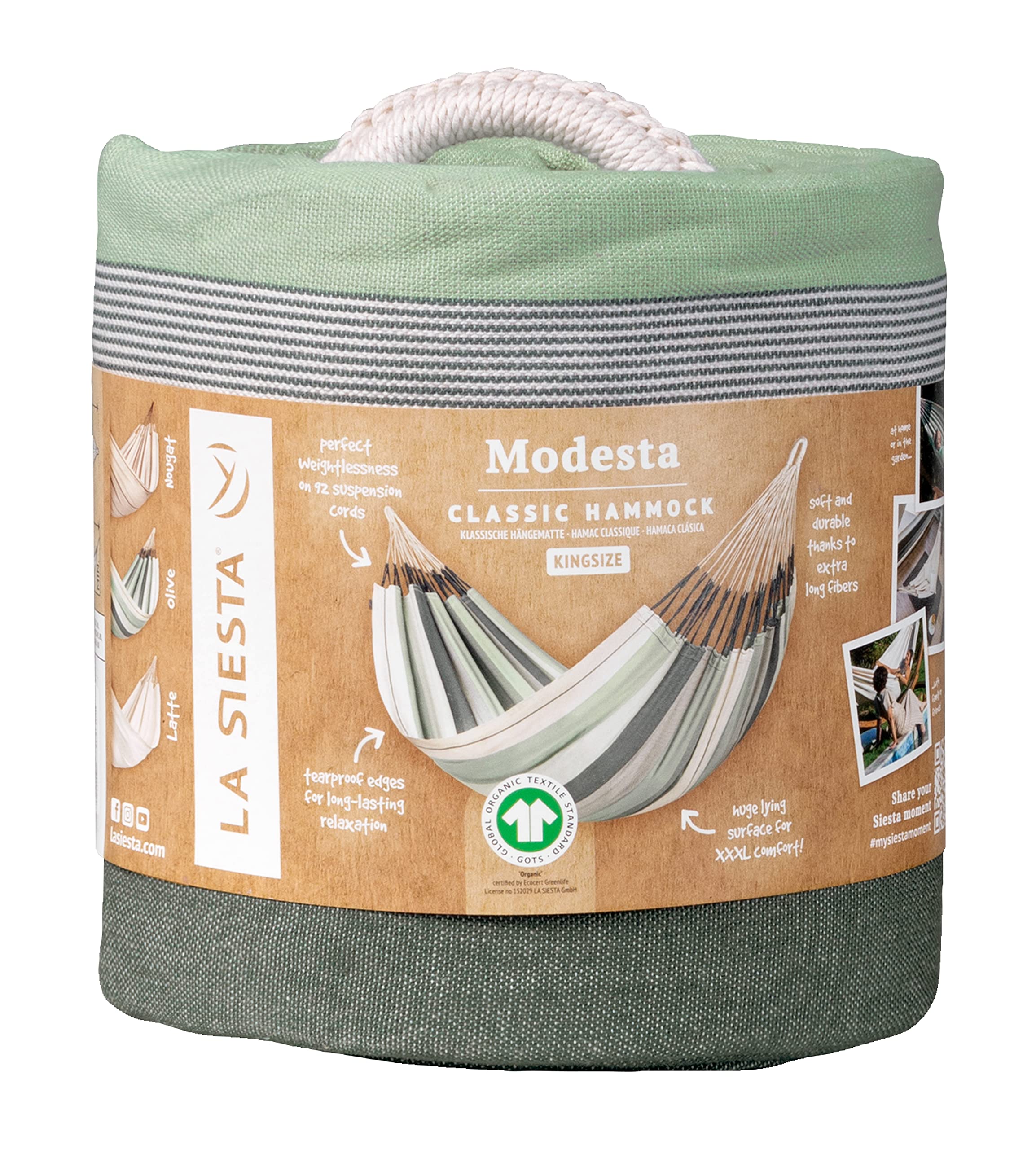LA SIESTA® Modesta Olive - Klassische Hängematte Kingsize aus Bio-Baumwolle