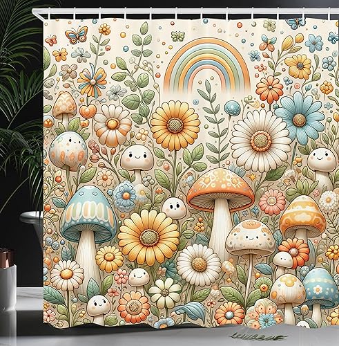 Miniatura 35 de Ambesonne - Cortina de ducha hippie, flores de aspecto de margaritas en ondas groovies abstractas estilo retro de los años 60 y 70, juego de Azul