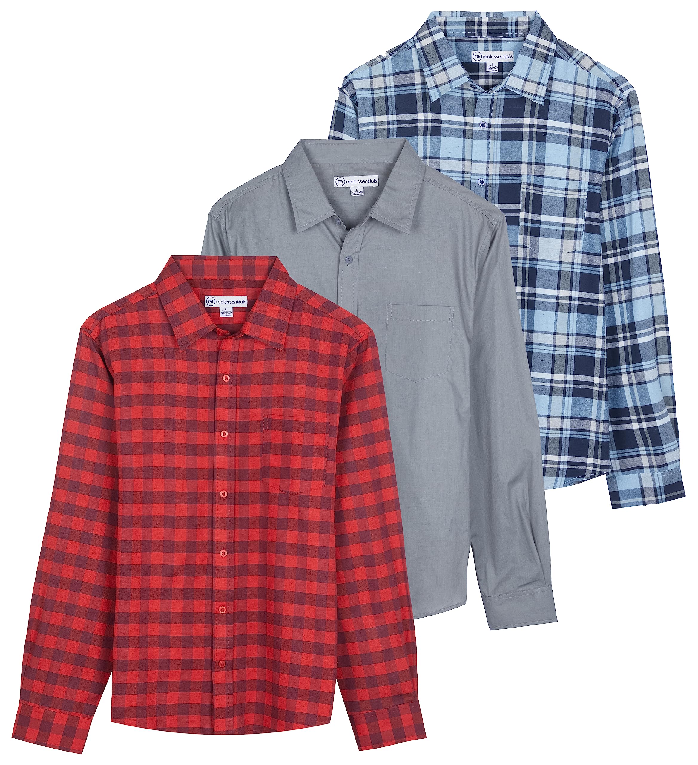 Real Essentials 3 Pack: Men's Regular-Fit Long Sleeve Poplin Button Down Shirt with Pocket (Available in Big & Tall)