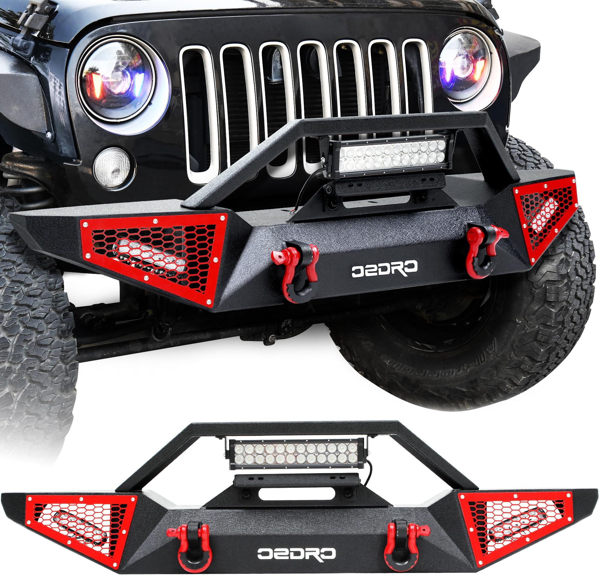 OEDRO Front Bumper for Jeep Compatible with 2007-2025 Jeep Wrangler JK/JL/JKU/JLU Unlimited & Gladiator JT 2/4 Doors, Includes Winch Plate, Paintable Armors, LED Lights & D-Rings, Black