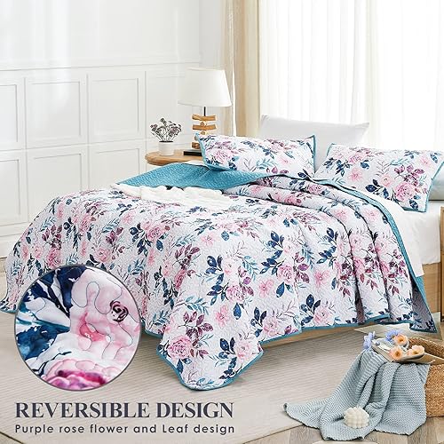 Miniatura 4 de WRENSONGE Colchas tamaño Queen juego de ropa de cama reversible de 3 piezas, suave, ligero, estampado floral, para todas las estaciones