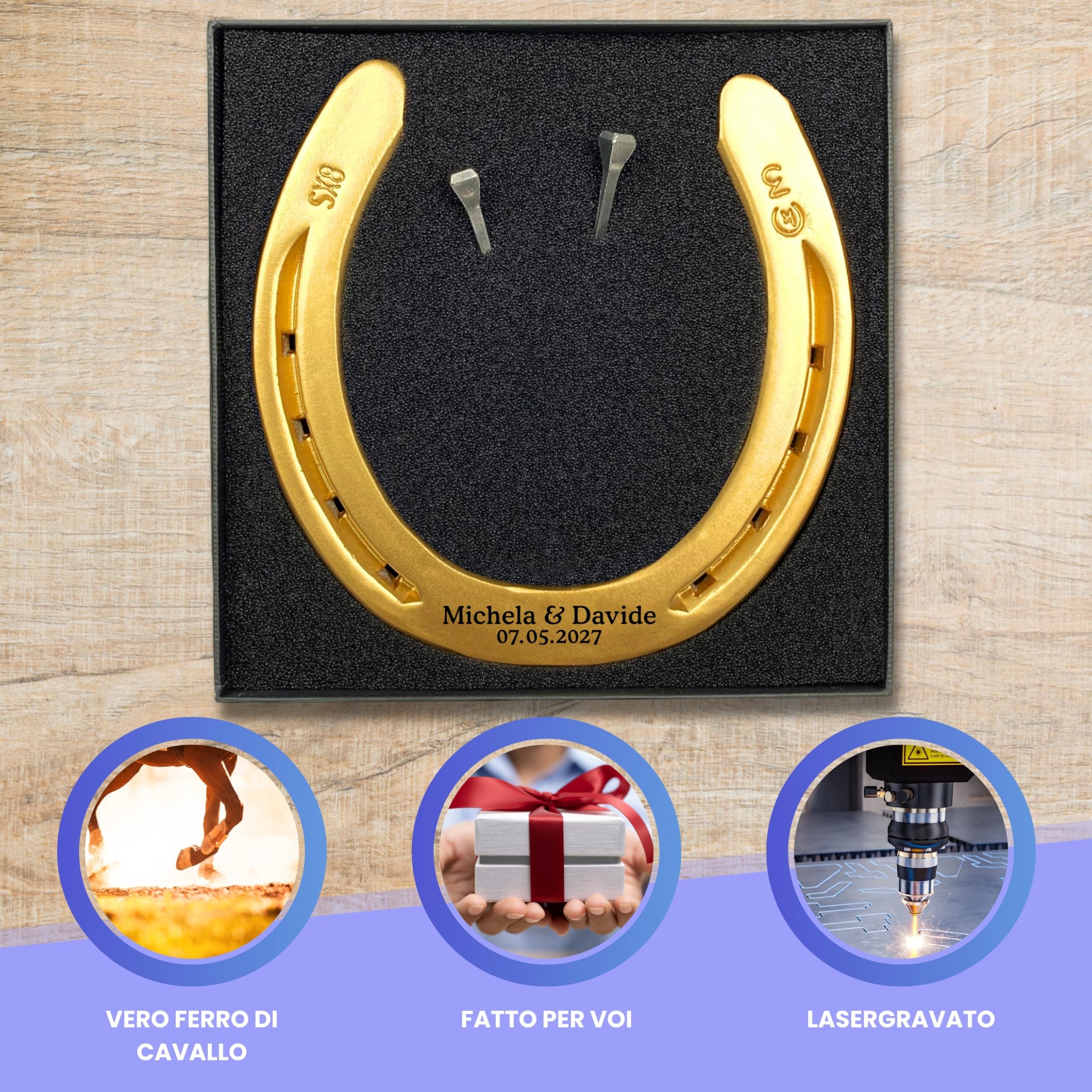 Ferro di cavallo con incisione a scelta in ferro pesante, originale a ferro di cavallo inciso, laccato oro, ferro fortunato personalizzato per matrimonio o inaugurazione regalo