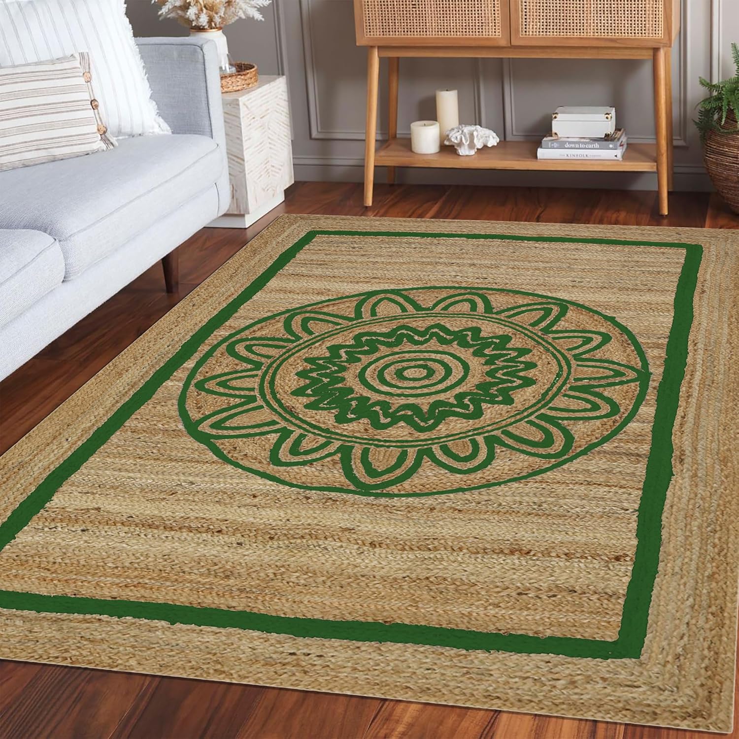 Floral Jute Kilim Area Rug 10x18 Feet Hand Braided Natural Fiber Rug Thick 0.27" Mandala Style Green Beige Area Rugs for Living Room, Indoor-Outdoor, Dining Area Design Carpet Home Decor