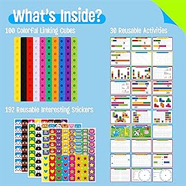 Math Linking Cubes, 100 Math Cube Manipulatives with 30 Learning Activities Plus 192 Reusable Stickers, Number Counting Blocks Snap Linking Math Counters, Fun & Educational Pre-K Counting Blocks