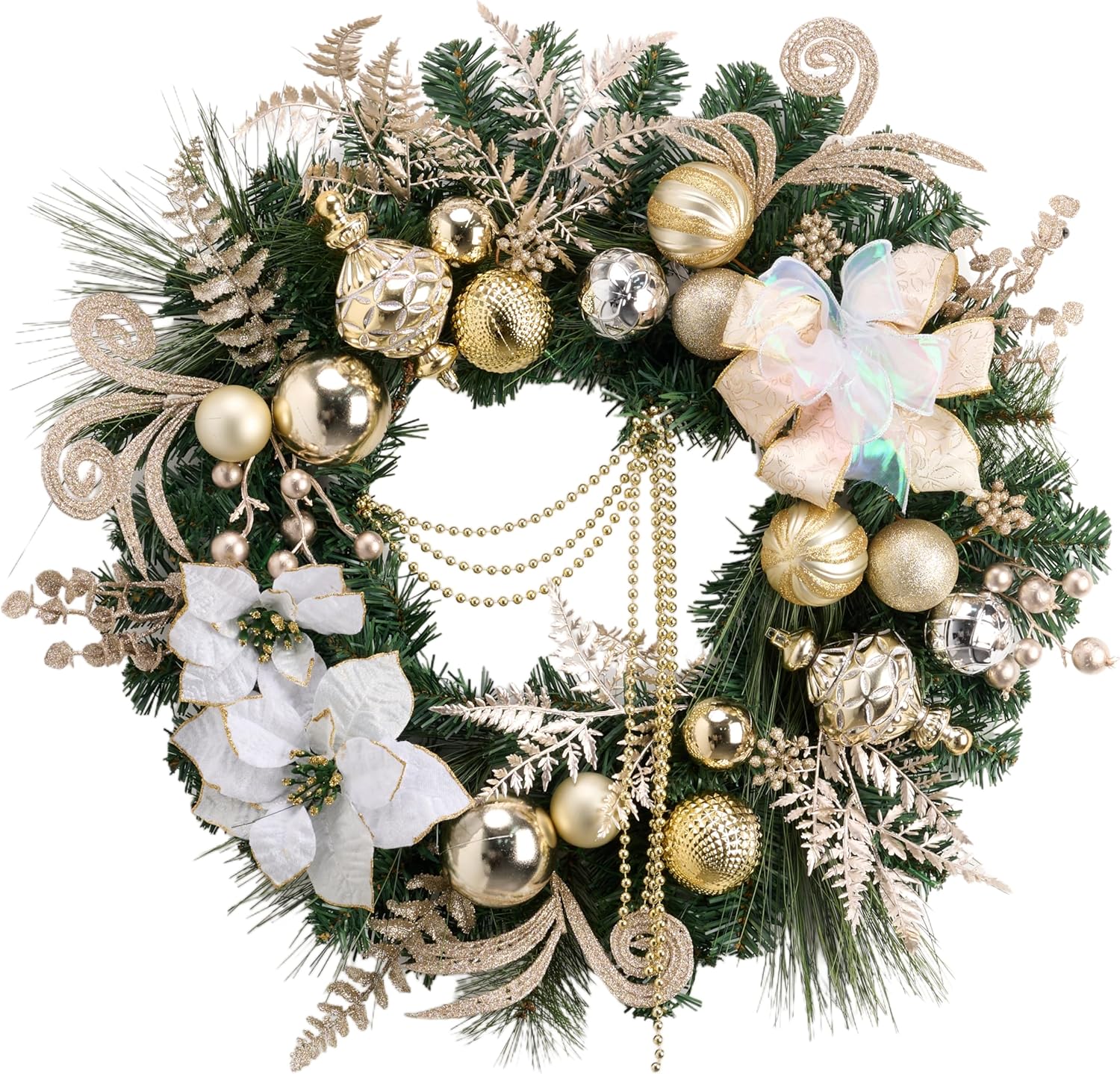 (Similar to)Valery Madelyn 24'' Pre-Lit Christmas Wreath for Front Door with Light, Collapsible Lighted Outdoor Christmas Wreath with White Gold Xmas Balls Bead Sting for Home Porch Fireplace Window Holiday Decor 24 Inch