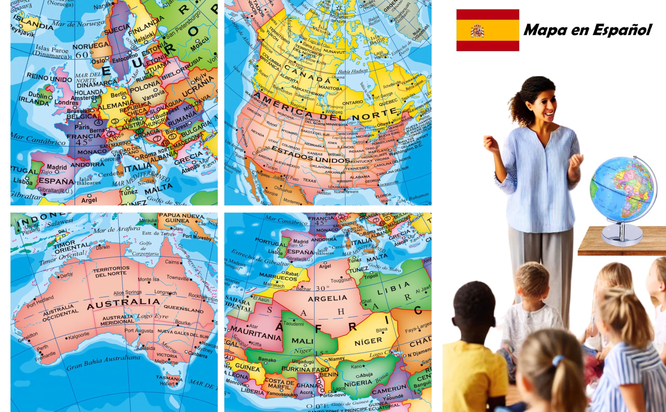 EXERZ Globo Terráqueo Iluminado 23 cm Mapa Español Y Constelaciones | Lámpara LED Sin Cable Base Metálica Cromada Modo Día Noche Para Escritorio Habitación Aula Y Regalo Educativo