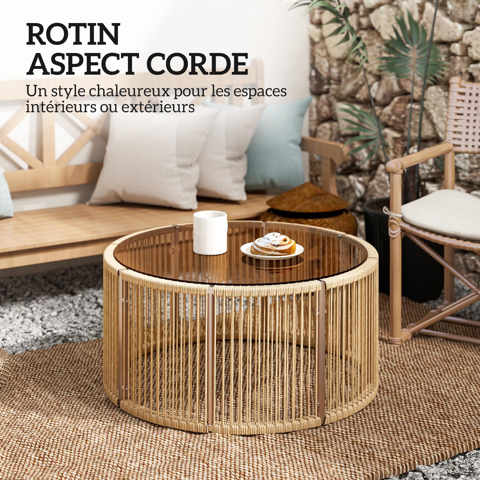 Outsunny Table Basse de Jardin Ronde en Résine Tressée, Table d'Appoint avec Plateau en Verre Trempé et Cadre en Acier Galvanisé, 70x70x33cm, Marron