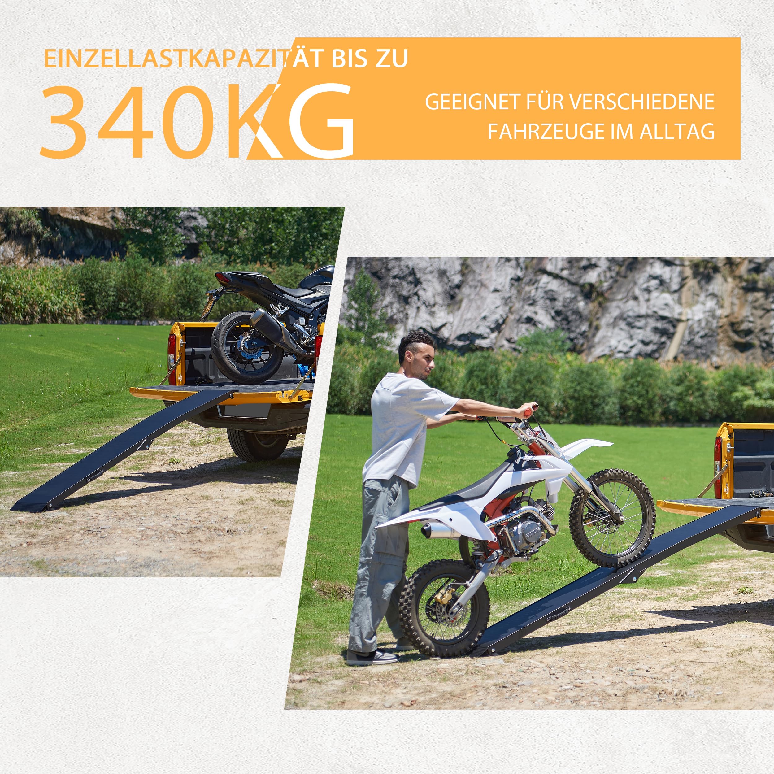 gardhom Rampe Auto Klappbar 340kg Alu Auffahrrampe PKW Stabil Laderampe für Anhänger Auffahrrampe Motorrad Fahrradrampe 203x28x4.5cm