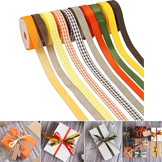 HUIHUANG Fall Ribbons Assorted 3/8 Gingham Ribbon Thanksgiving Ribbon Satin Organza Grosgrain Burlap Ribbons for Crafts Gift Wrapping Autumn Holiday Wedding Festival Season Party, 5 Yards x 10 Rolls