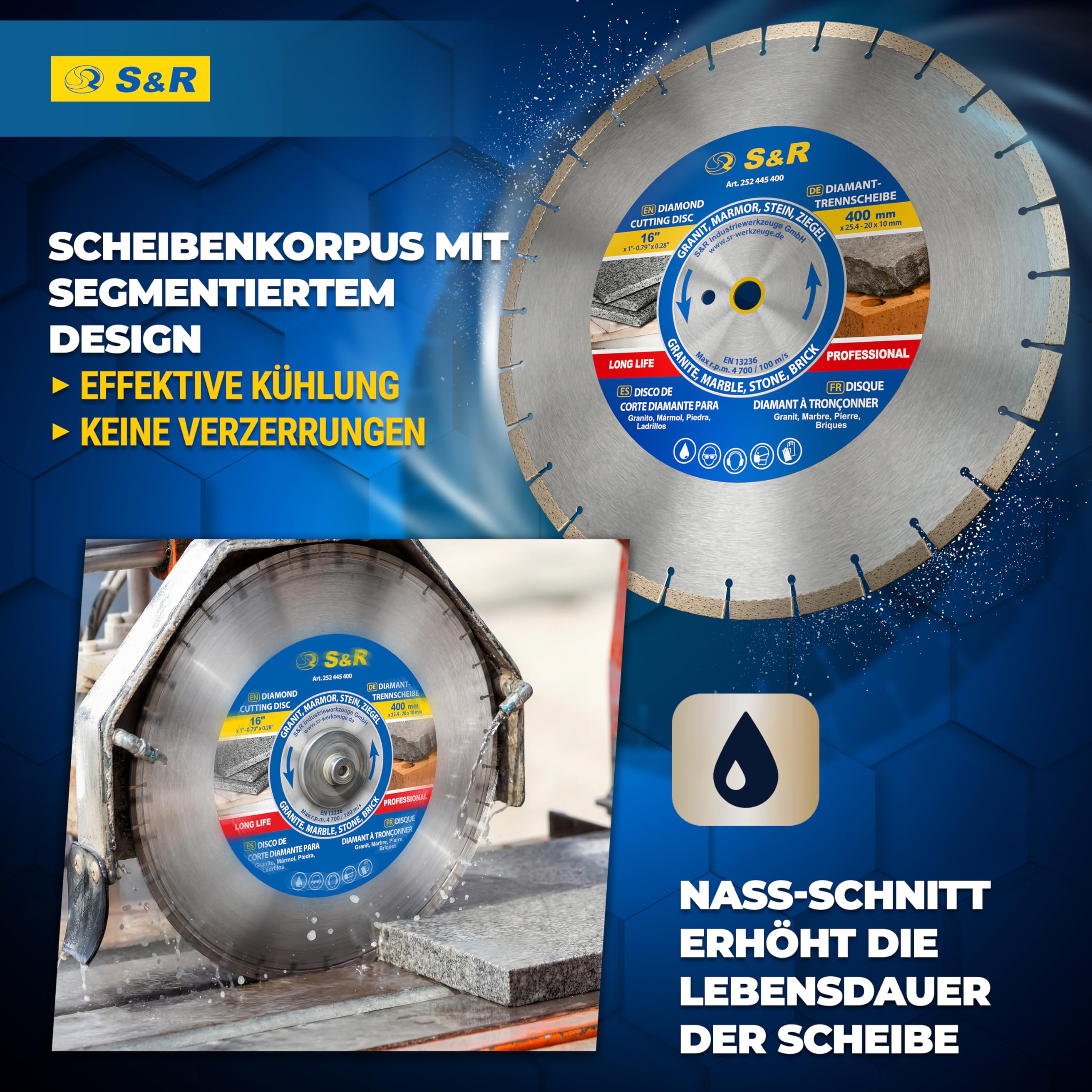 S&R Diamanttrennscheibe 400 x 25.4 x 3.0 x 10 mm in Industrie-Qualität, Diamant-Trennscheibe für Naturstein, Kunststein, Sandstein, Hartziegel, für Motortrennsägen und Tischsägen